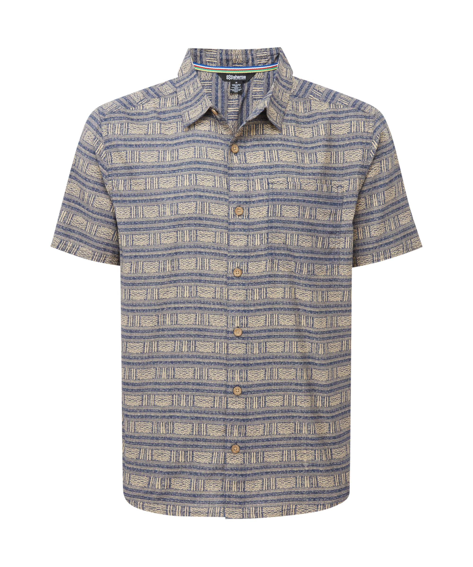 Women's short sleeve shirt with a blue and beige horizontal pattern on a white background