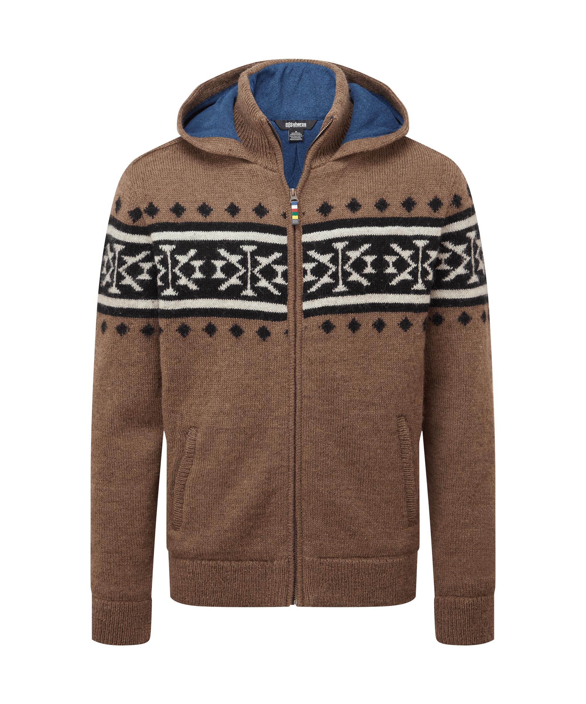 Front view of a men's Sherpa Adventure Gear brown full-zip hooded sweater displayed on a white background. Features a Nordic-inspired patterned yoke across the chest and shoulders, contrast blue hood lining, front zipper closure, and rib-knit cuffs and hem.