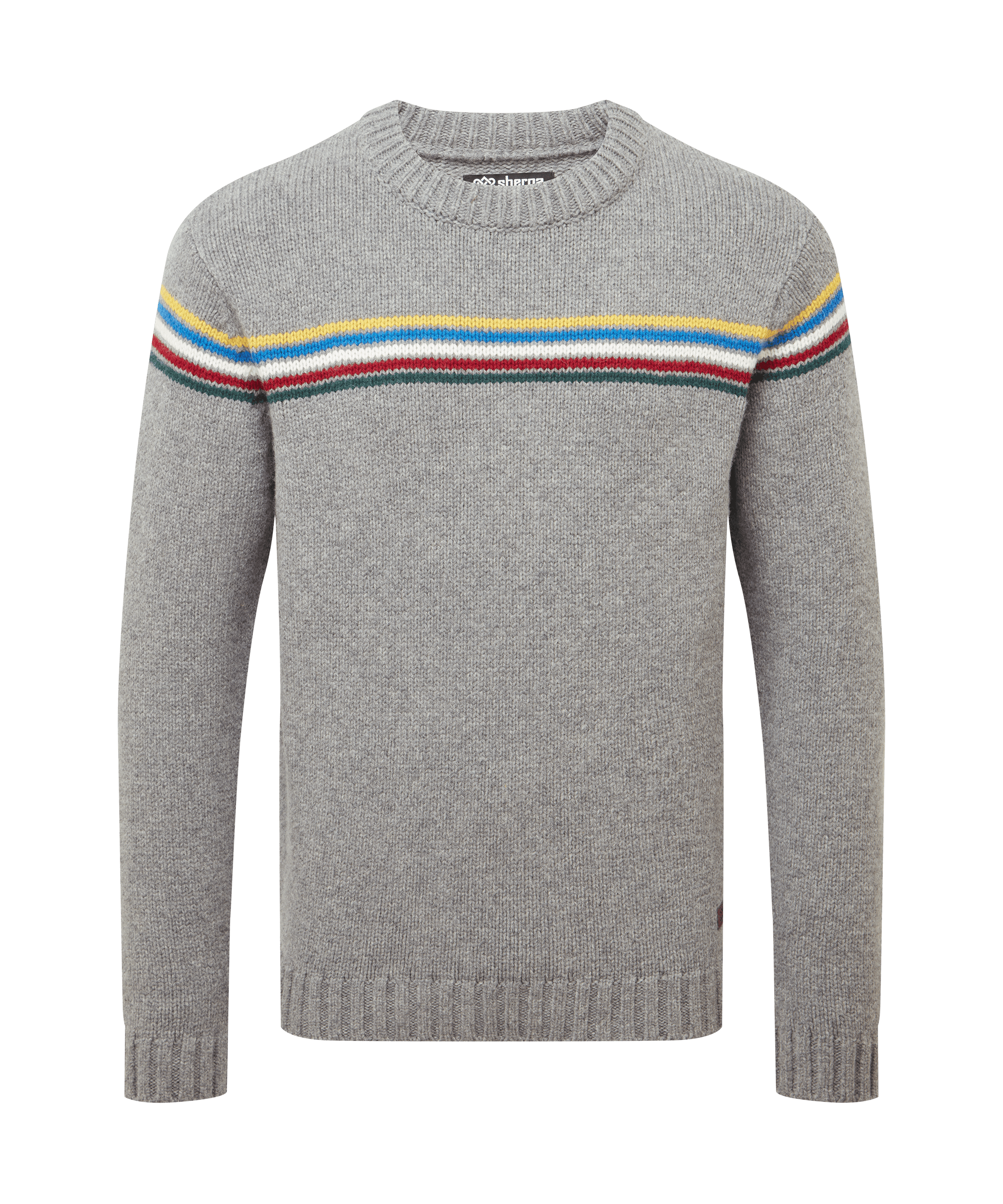 Front view of a men's Sherpa Adventure Gear light grey crew neck sweater displayed on a white background. Features a multicolor horizontal stripe pattern across the upper chest, long sleeves, rib-knit trim, and a regular fit.