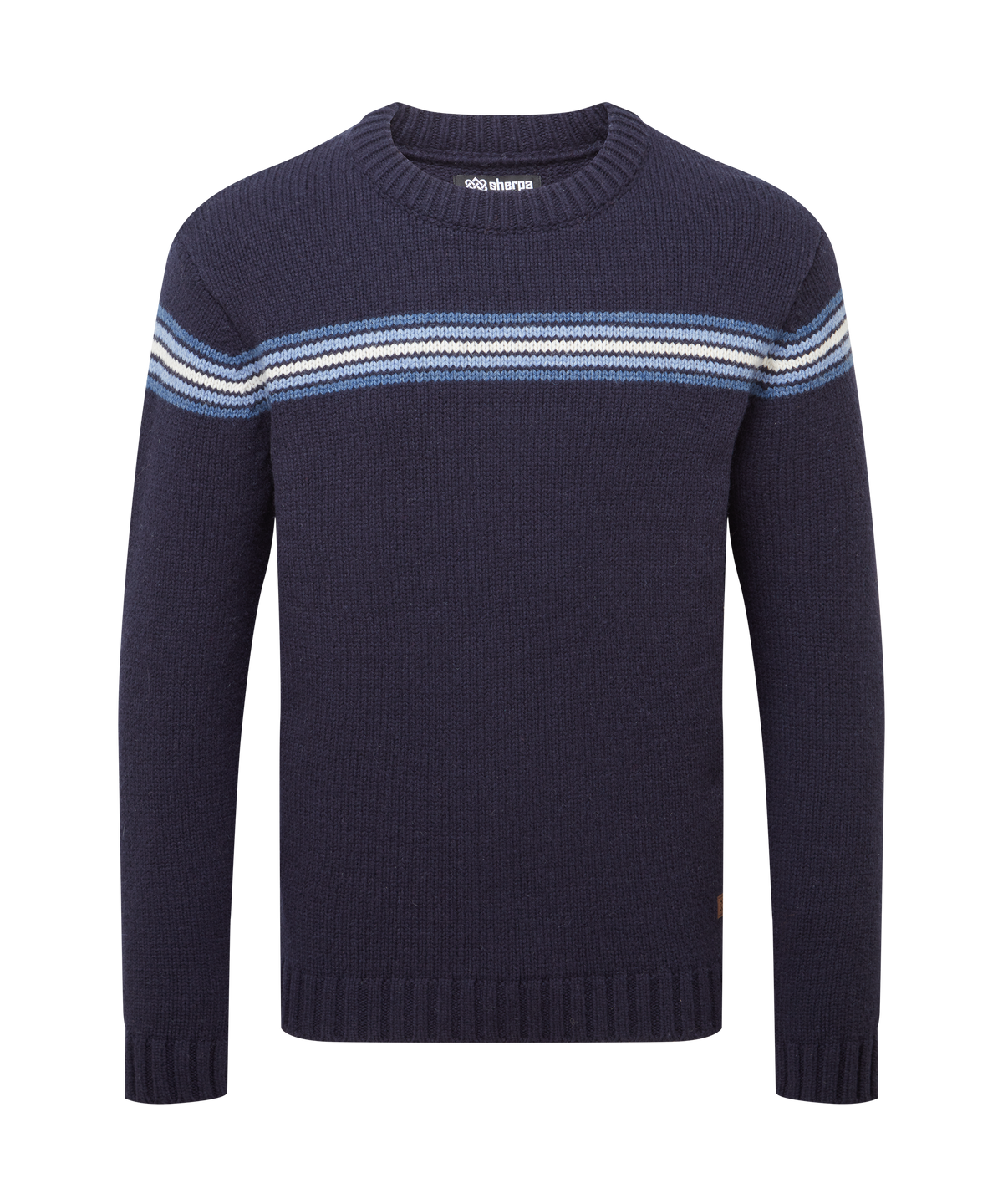 Navy knit crewneck sweater with blue, white and navy chest and sleeve stripes.
