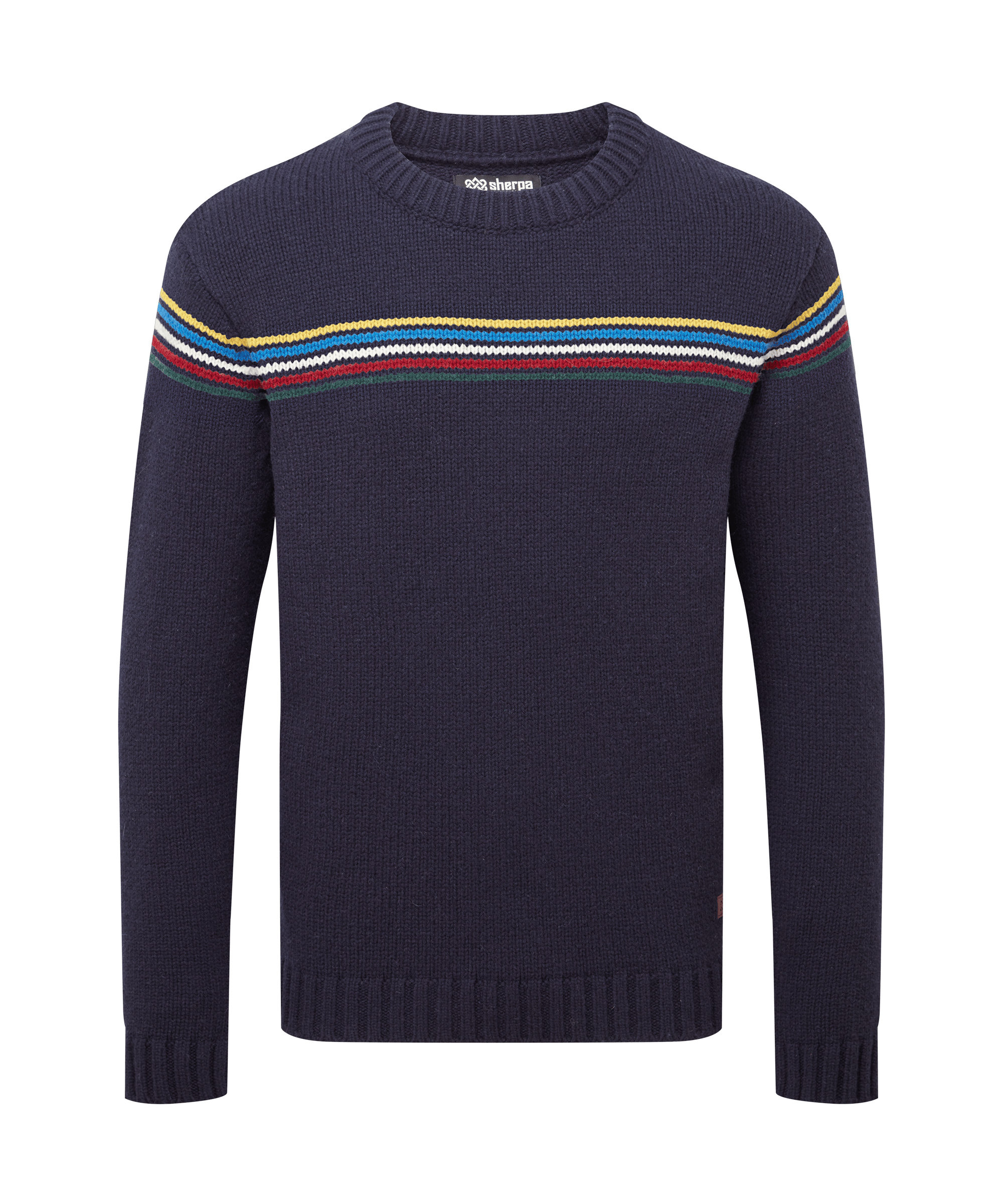 Front view of a men's Sherpa Adventure Gear navy blue crew neck sweater displayed on a white background. Designed with colorful horizontal chest stripes, long sleeves, rib-knit collar, cuffs, and hem, and a classic fit.