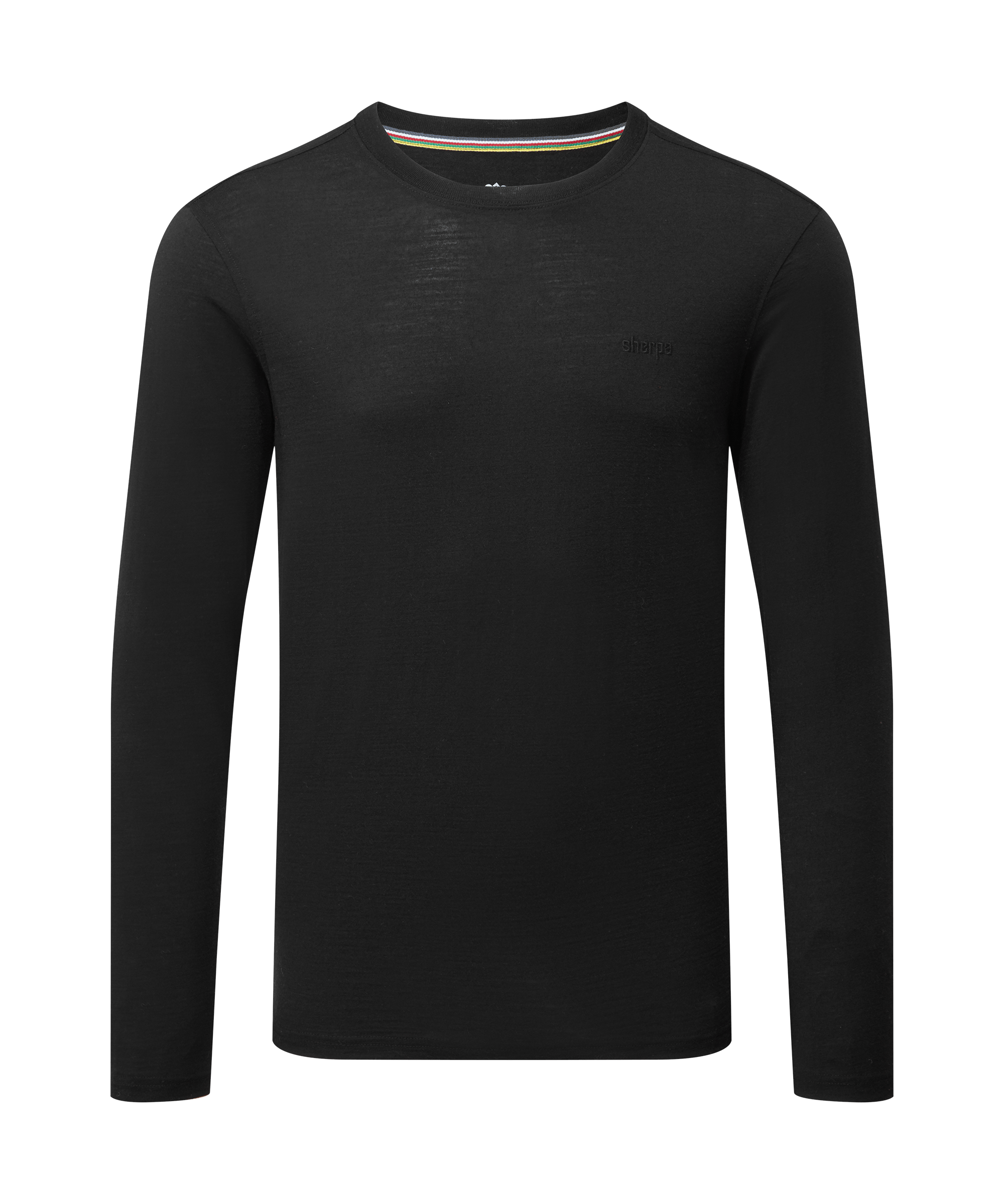 Front view of a men's Sherpa Adventure Gear black long-sleeve merino wool T-shirt displayed on a white background. Features a classic crew neckline, streamlined silhouette, and lightweight design for layering or standalone wear.