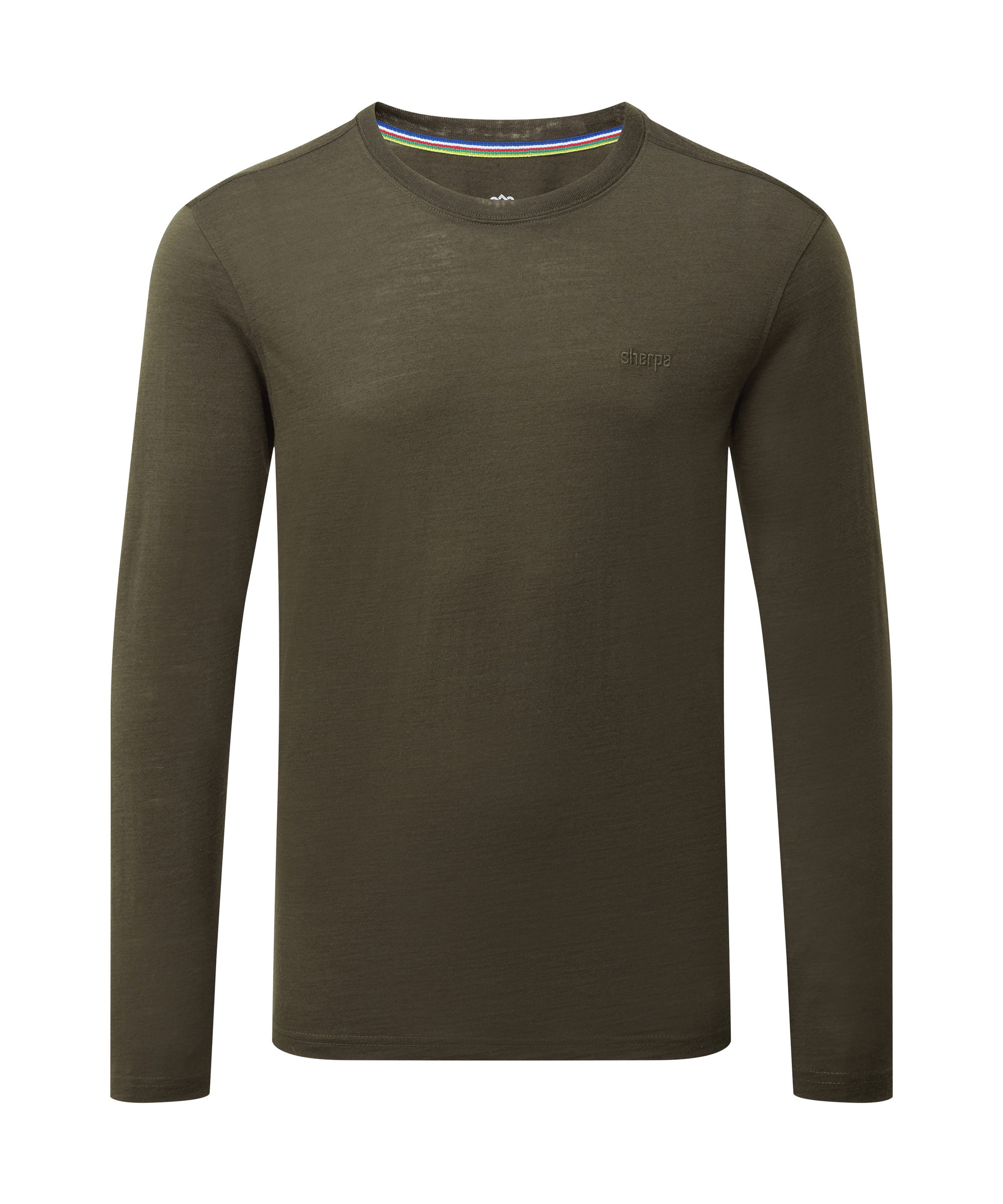 Front view of a men's Sherpa Adventure Gear olive green long-sleeve merino wool T-shirt displayed on a white background. Designed with a crew neck, long sleeves, and a simple, versatile silhouette.