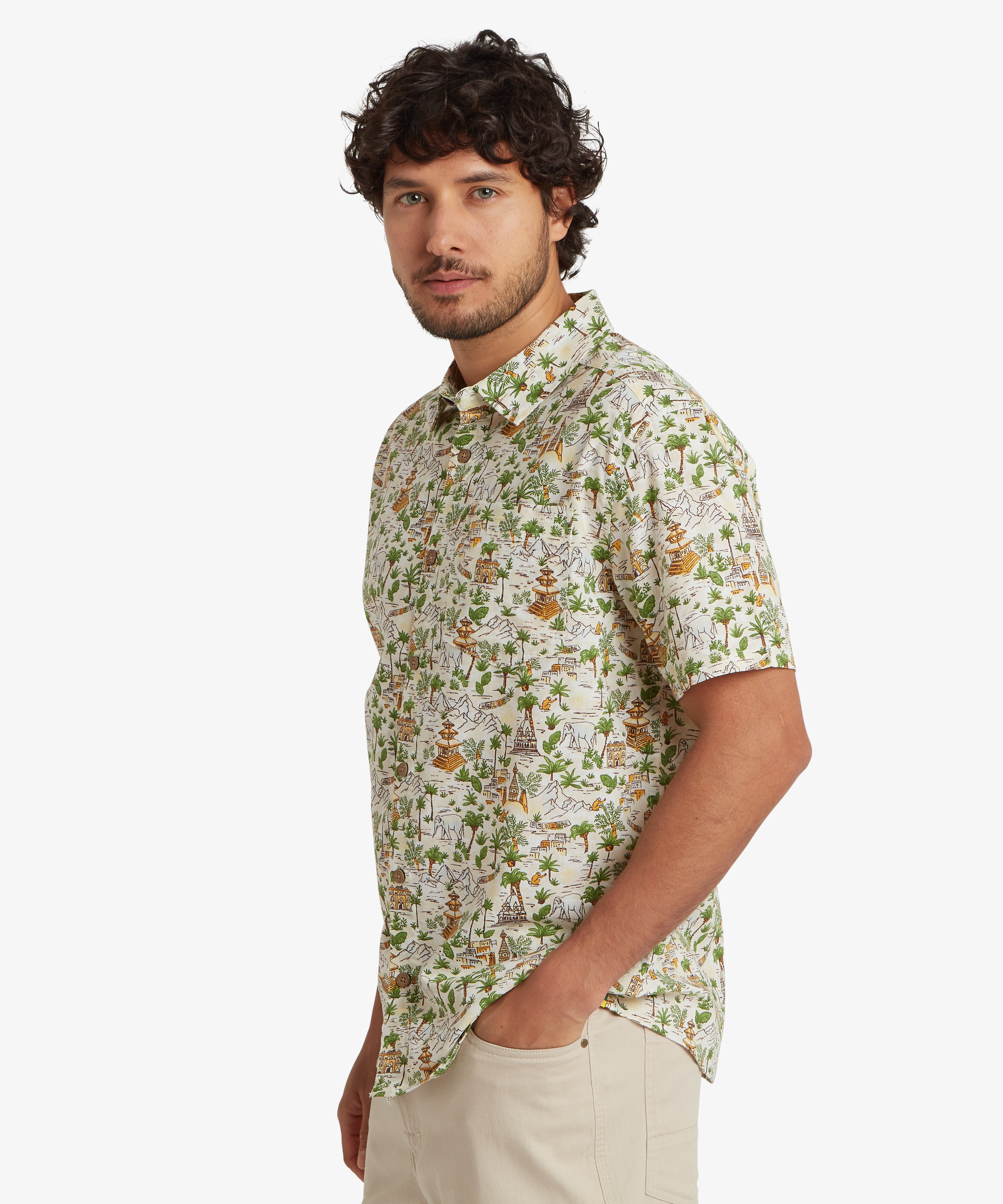 Ravi Short Sleeve Shirt - Multi: cream tropical print with palms
