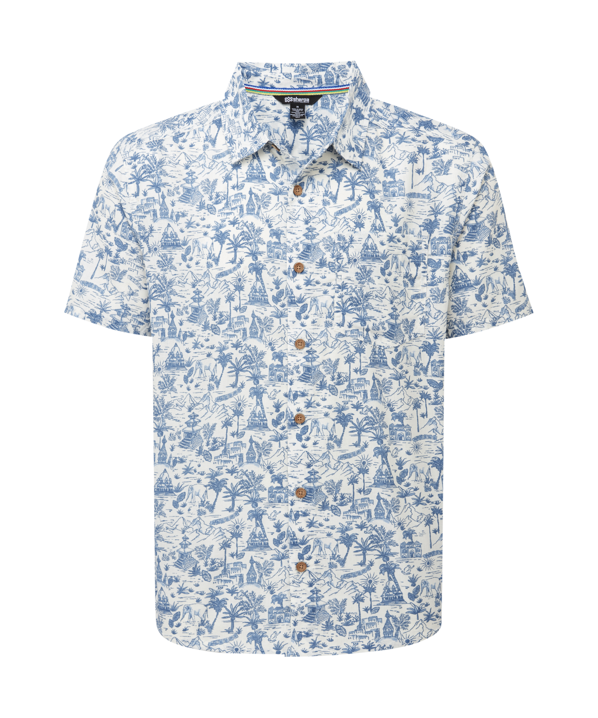 Men's short sleeve shirt with blue pattern depicting palm tree and Nepal temples on a white background
