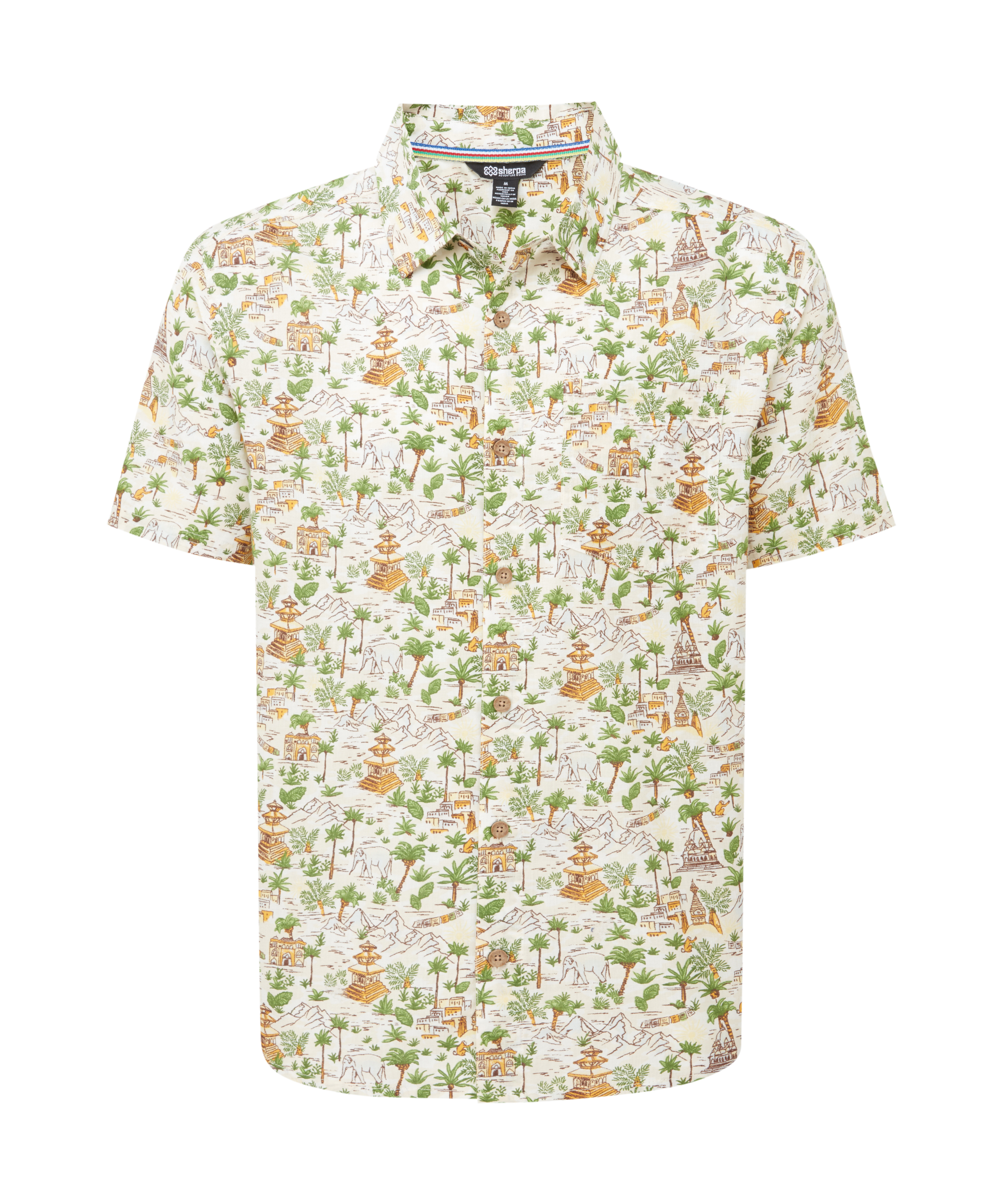 Men's short sleeve shirt with a detailed Nepali inspired pattern depicting palm trees and Nepali temples on a white background