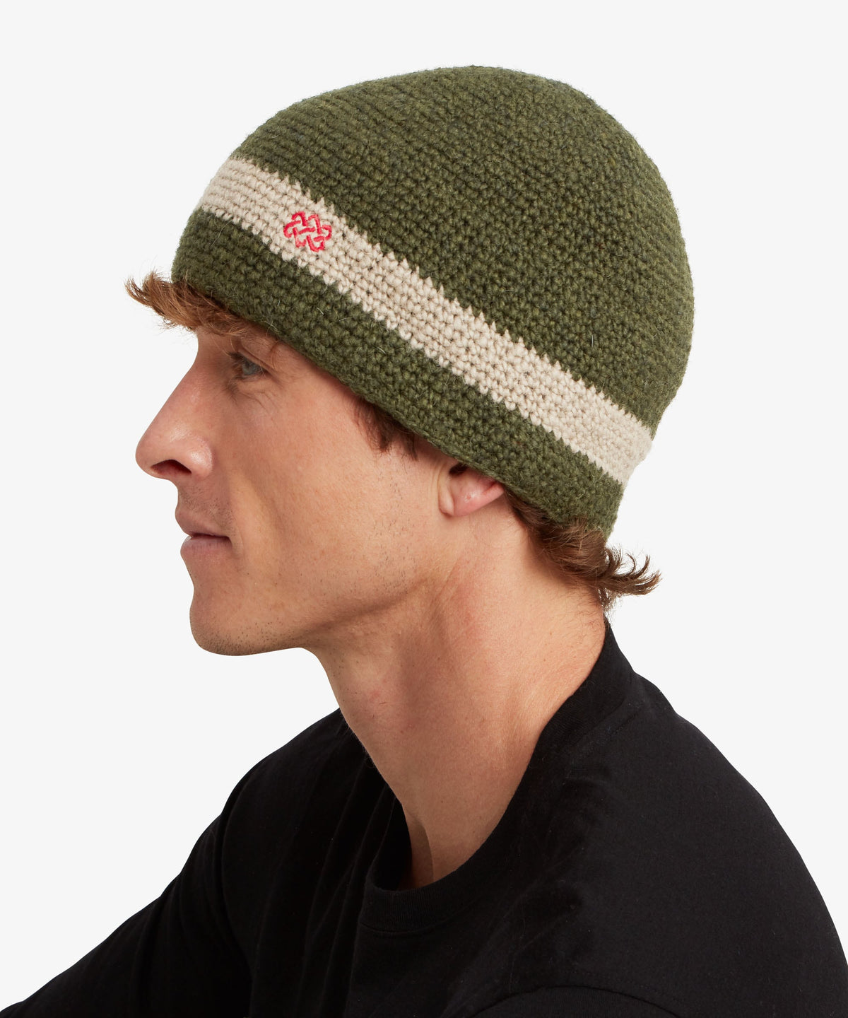A man in profile wearing an olive green knit beanie with a cream horizontal stripe.