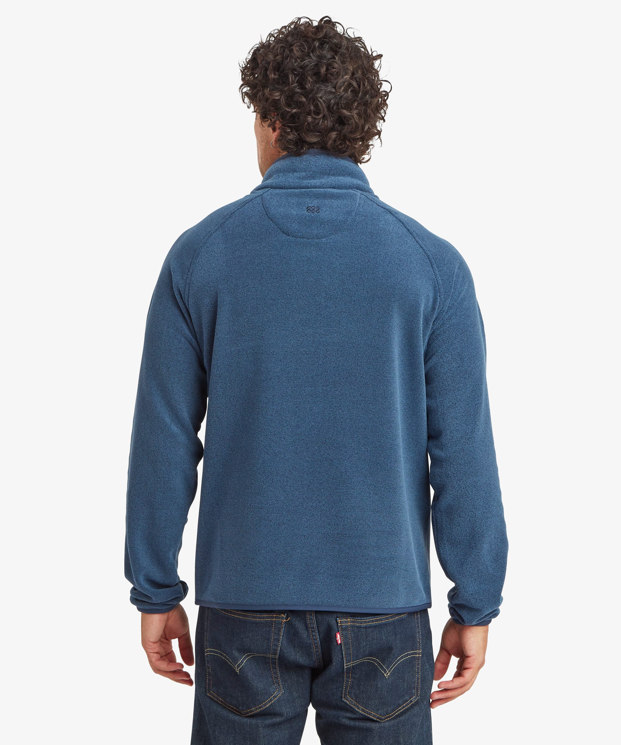Back view of a man wearing a heathered blue quarter-zip fleece pullover. The regular-fit design features raglan sleeves, a stand collar and clean back panel construction for unrestricted movement.