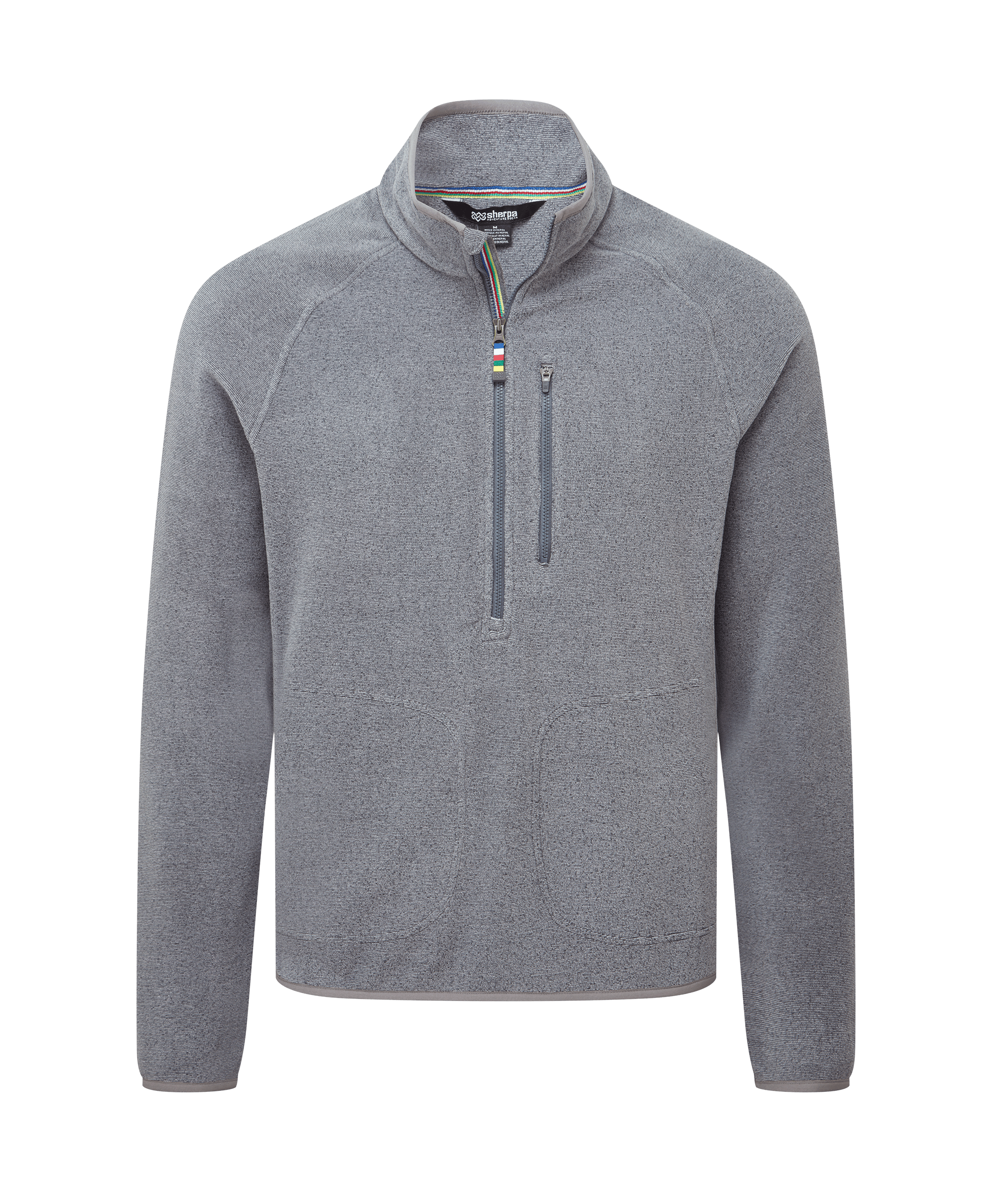 Front view of a men's Sherpa Adventure Gear light grey quarter-zip fleece pullover displayed on a white background. Features a stand collar, contrast zipper detail, long sleeves, and a soft textured finish.
