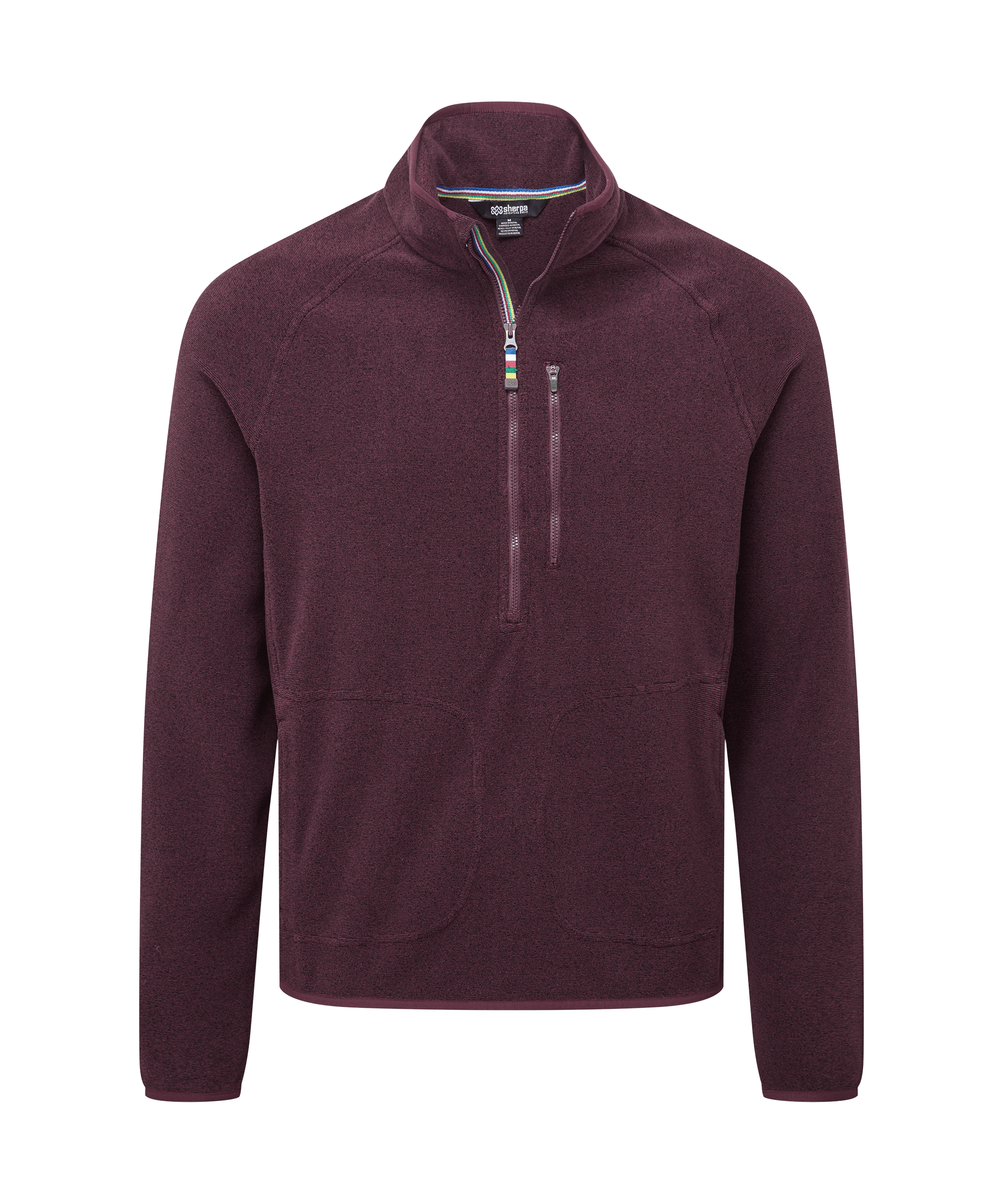 Front view of a men's Sherpa Adventure Gear burgundy quarter-zip fleece pullover displayed on a white background. Designed with a stand collar, contrast zipper detail, long sleeves, and a comfortable regular fit.