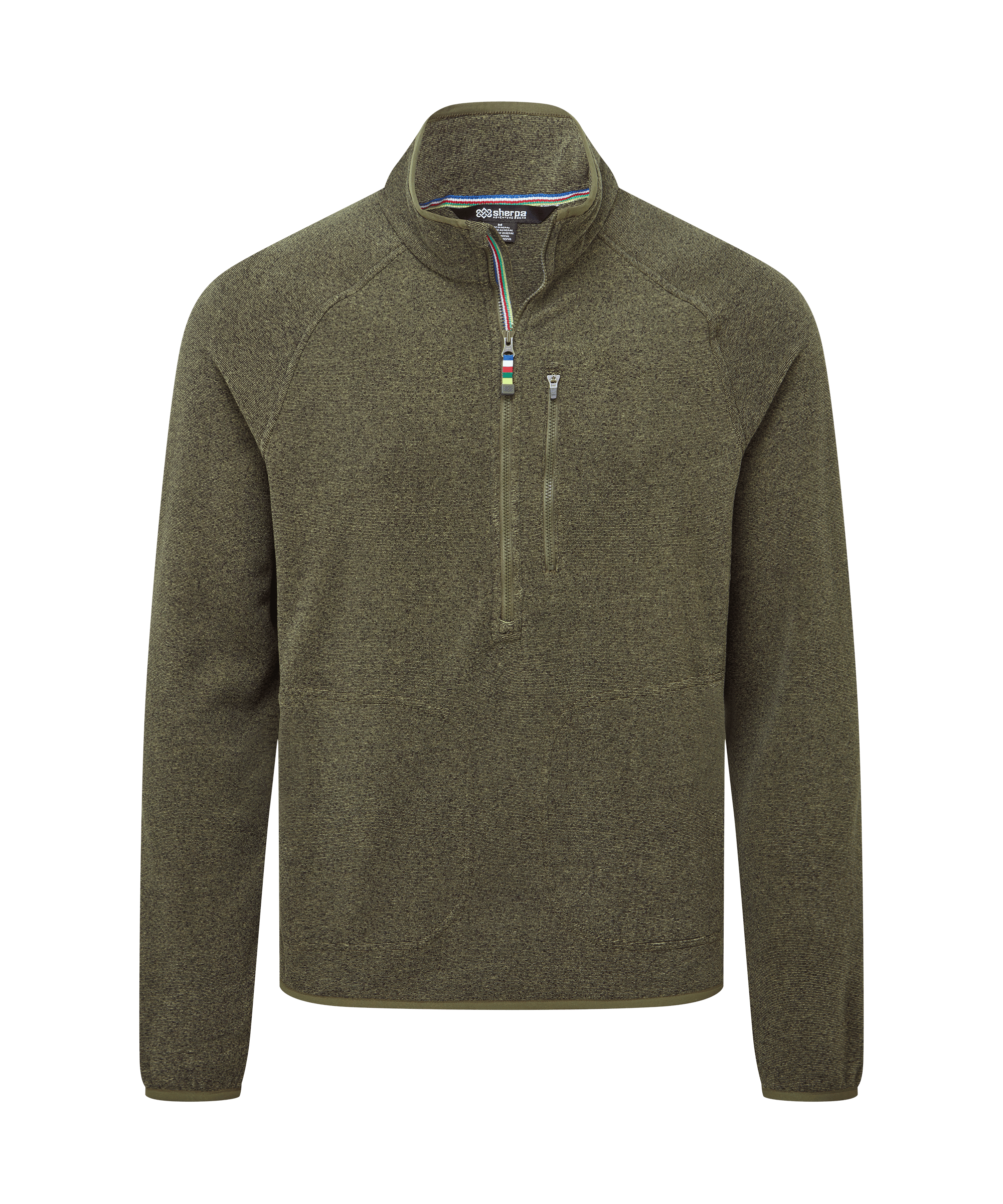Front view of a men's Sherpa Adventure Gear olive green quarter-zip fleece pullover displayed on a white background. Features a stand collar, long sleeves, soft fleece construction, and a versatile outdoor-inspired look.
