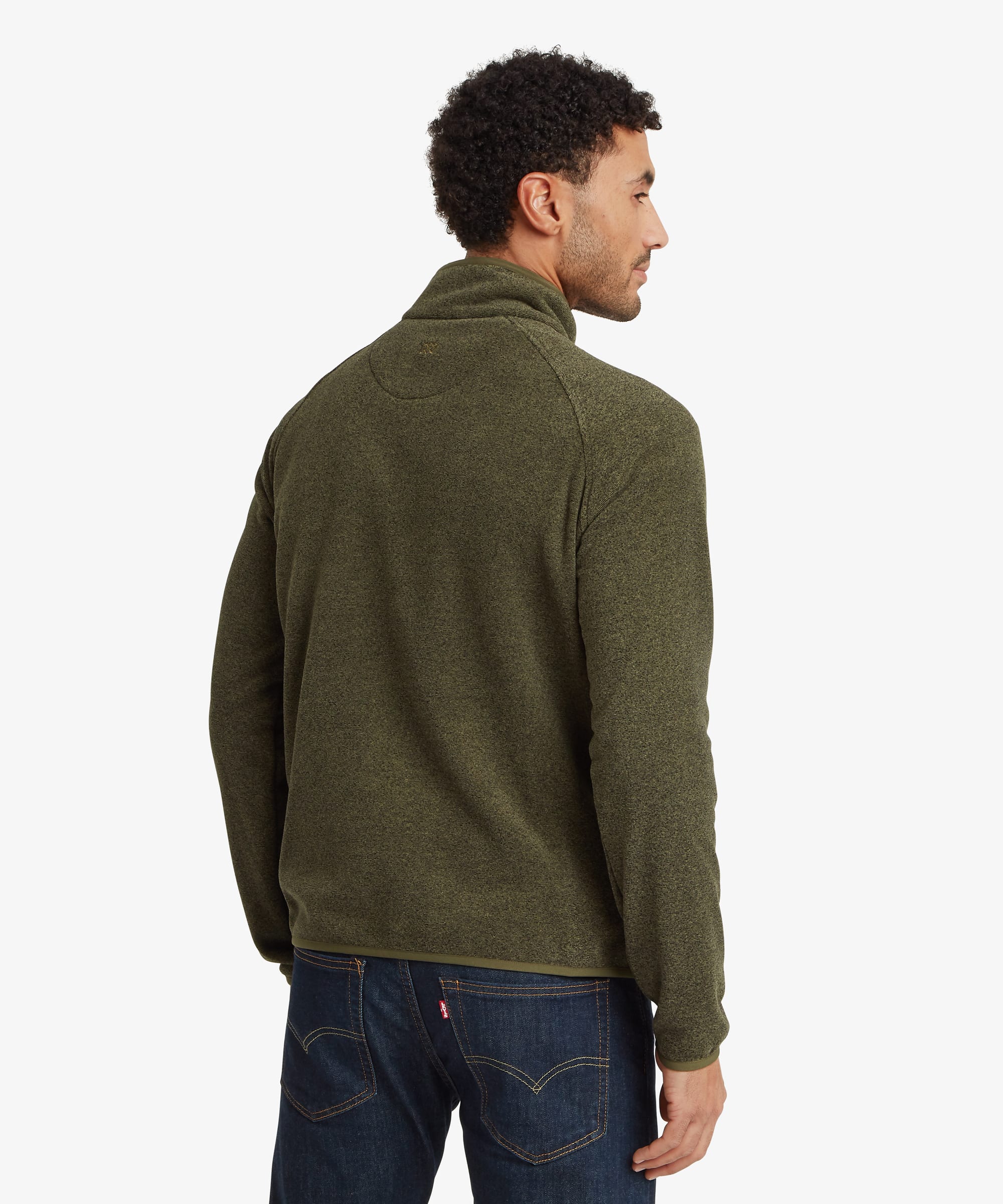 Back view of an olive green fleece pullover showing raglan sleeves, stand collar and a regular-fit silhouette designed for comfort and movement.