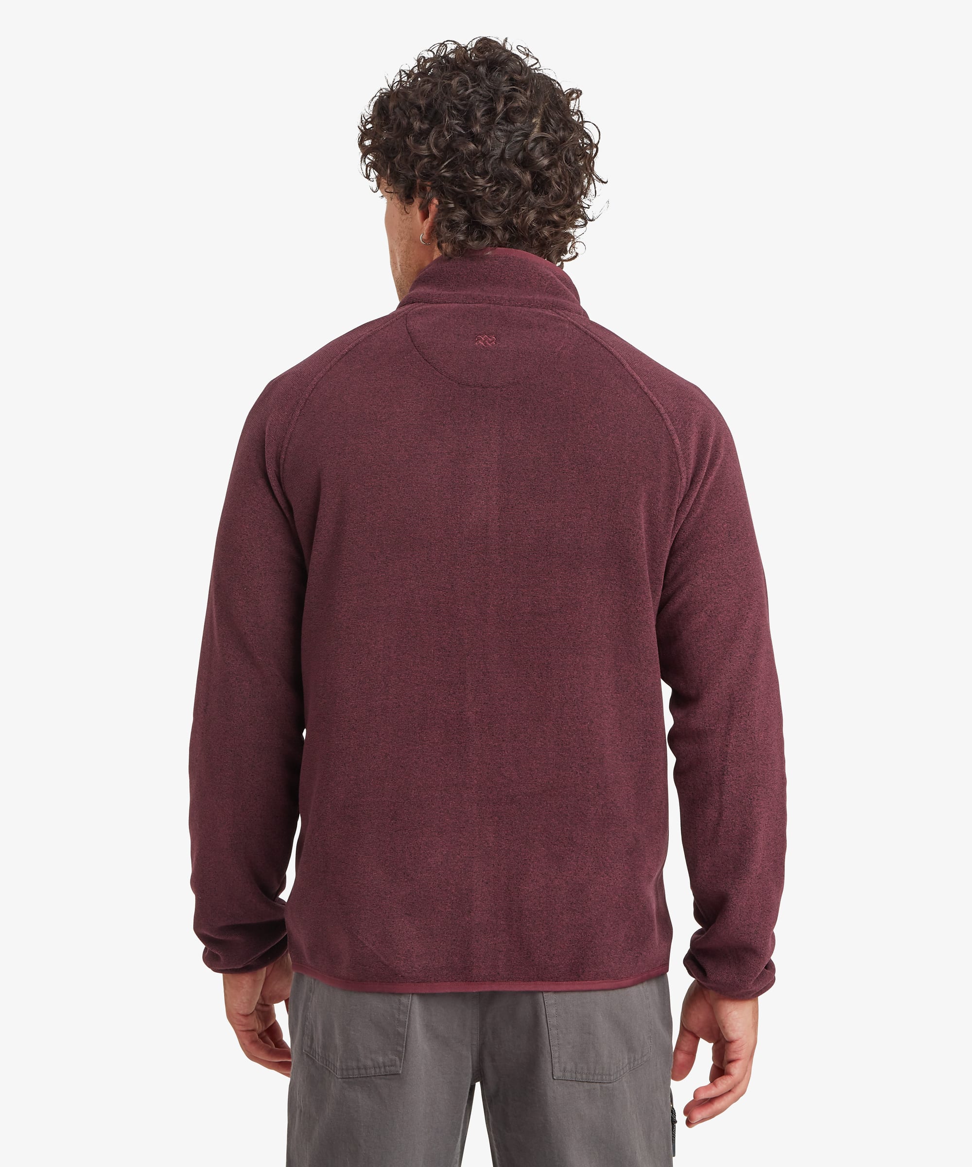 Back view of the burgundy Rolpa full-zip fleece showing the clean rear panel, high collar, and regular fit through the shoulders and body.