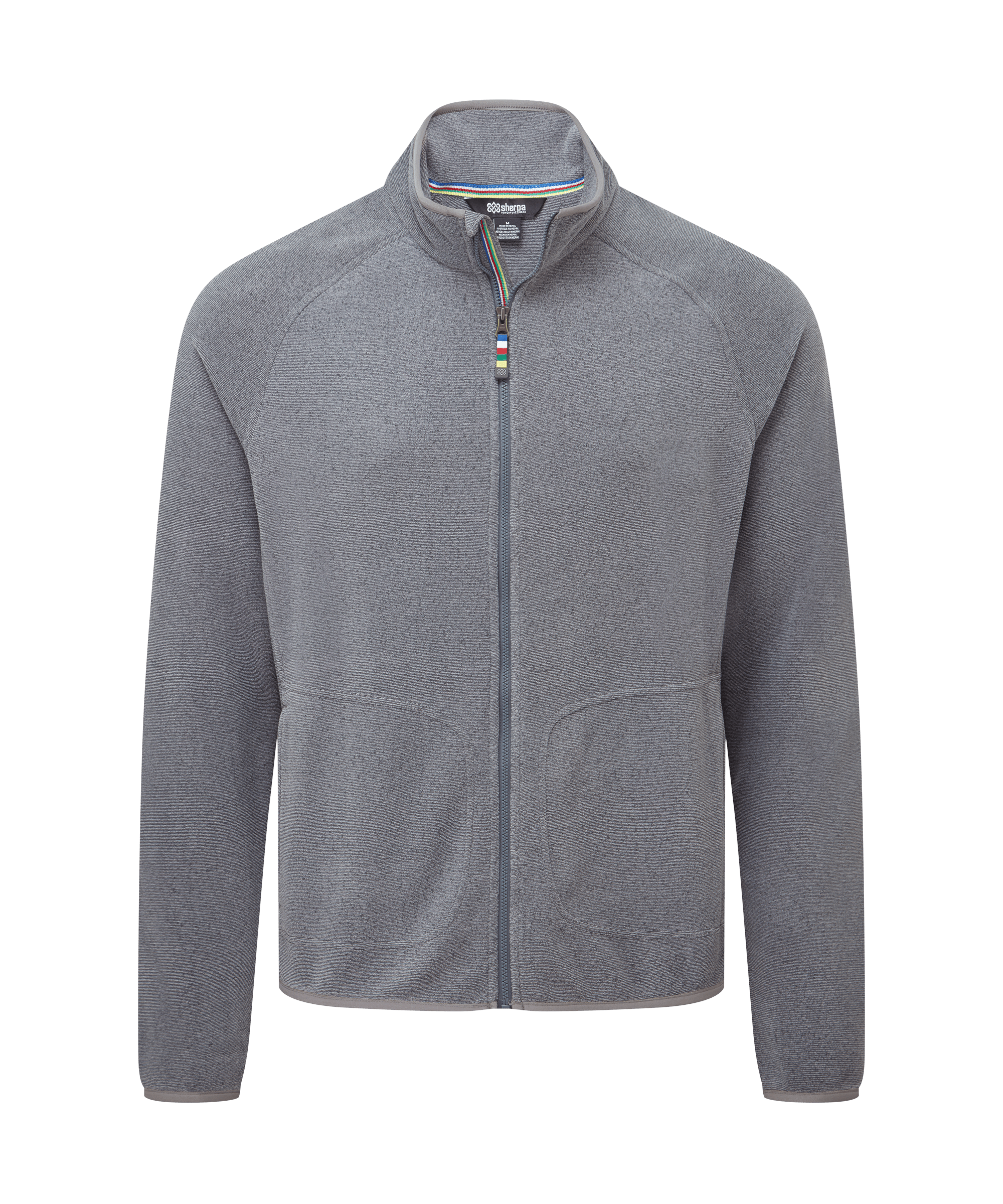 Front view of a men's Sherpa Adventure Gear light grey full-zip fleece jacket displayed on a white background. Features a stand collar, full-length zipper, side pockets, and a clean, functional design.