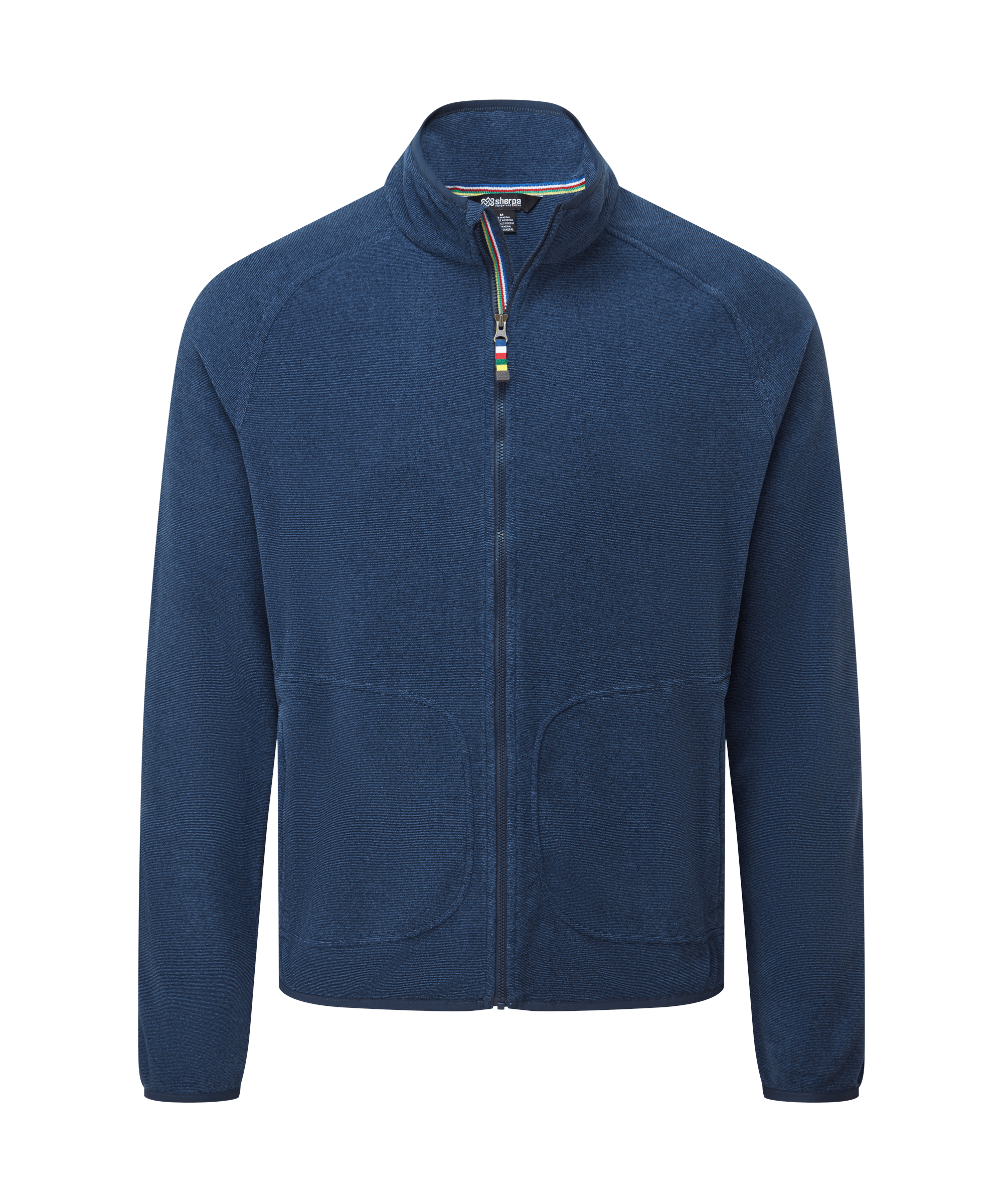 Front view of a men's Sherpa Adventure Gear heather blue full-zip fleece jacket displayed on a white background. Designed with a stand collar, full front zipper, long sleeves, and a soft textured finish.