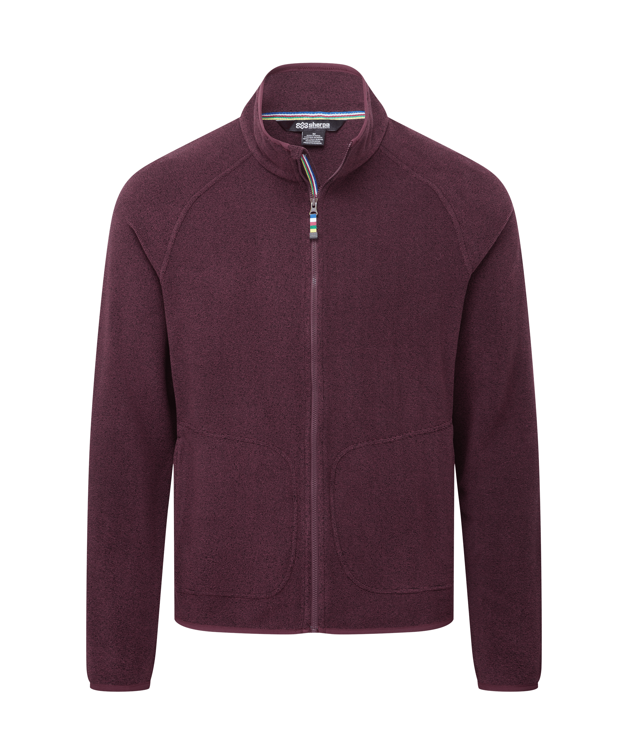 Front view of a men's Sherpa Adventure Gear burgundy full-zip fleece jacket displayed on a white background. Features a stand collar, full zipper closure, long sleeves, and a streamlined outdoor-inspired silhouette.