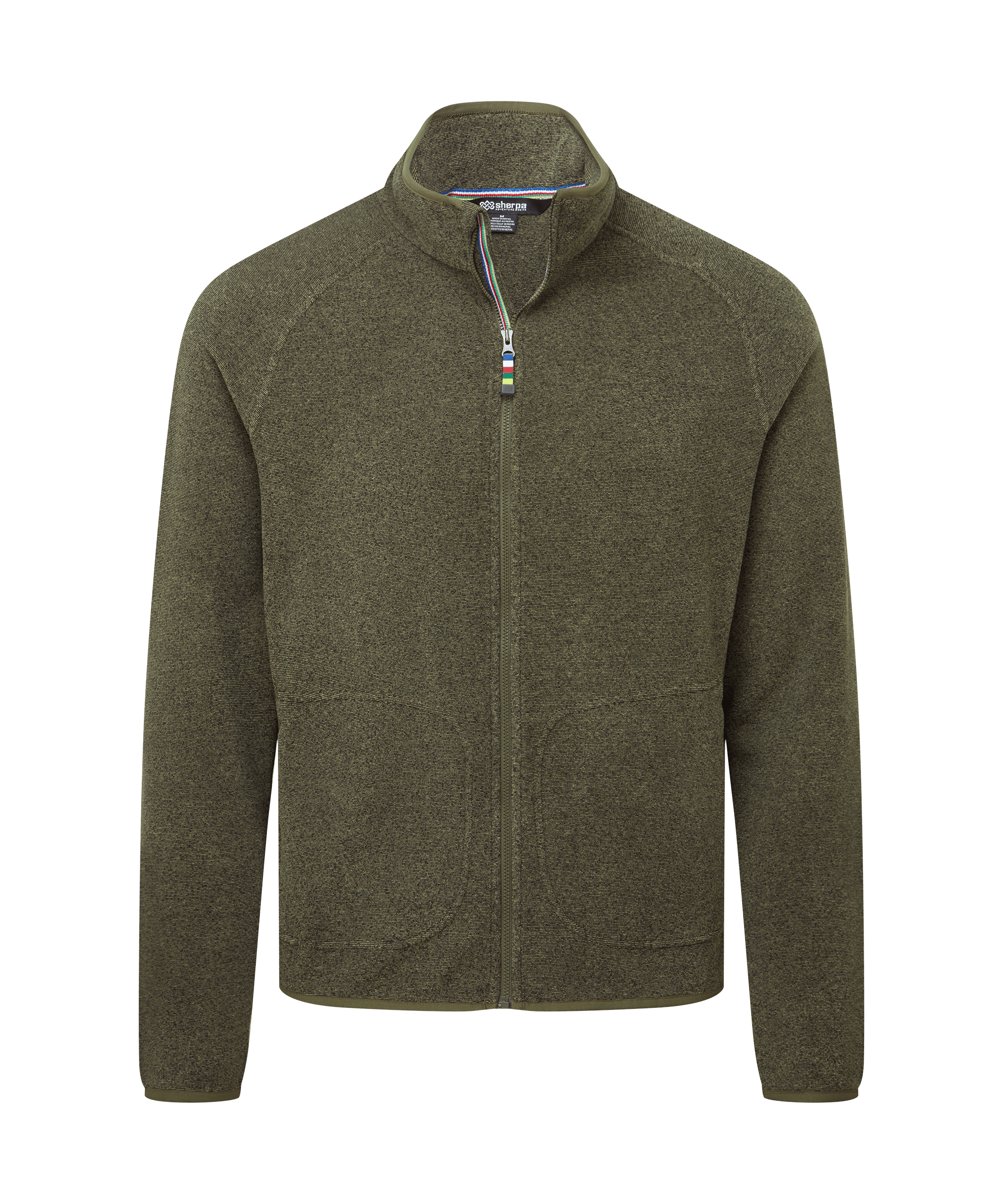 Front view of a men's Sherpa Adventure Gear olive green full-zip fleece jacket displayed on a white background. Designed with a stand collar, front zipper closure, side pockets, and a comfortable regular fit.