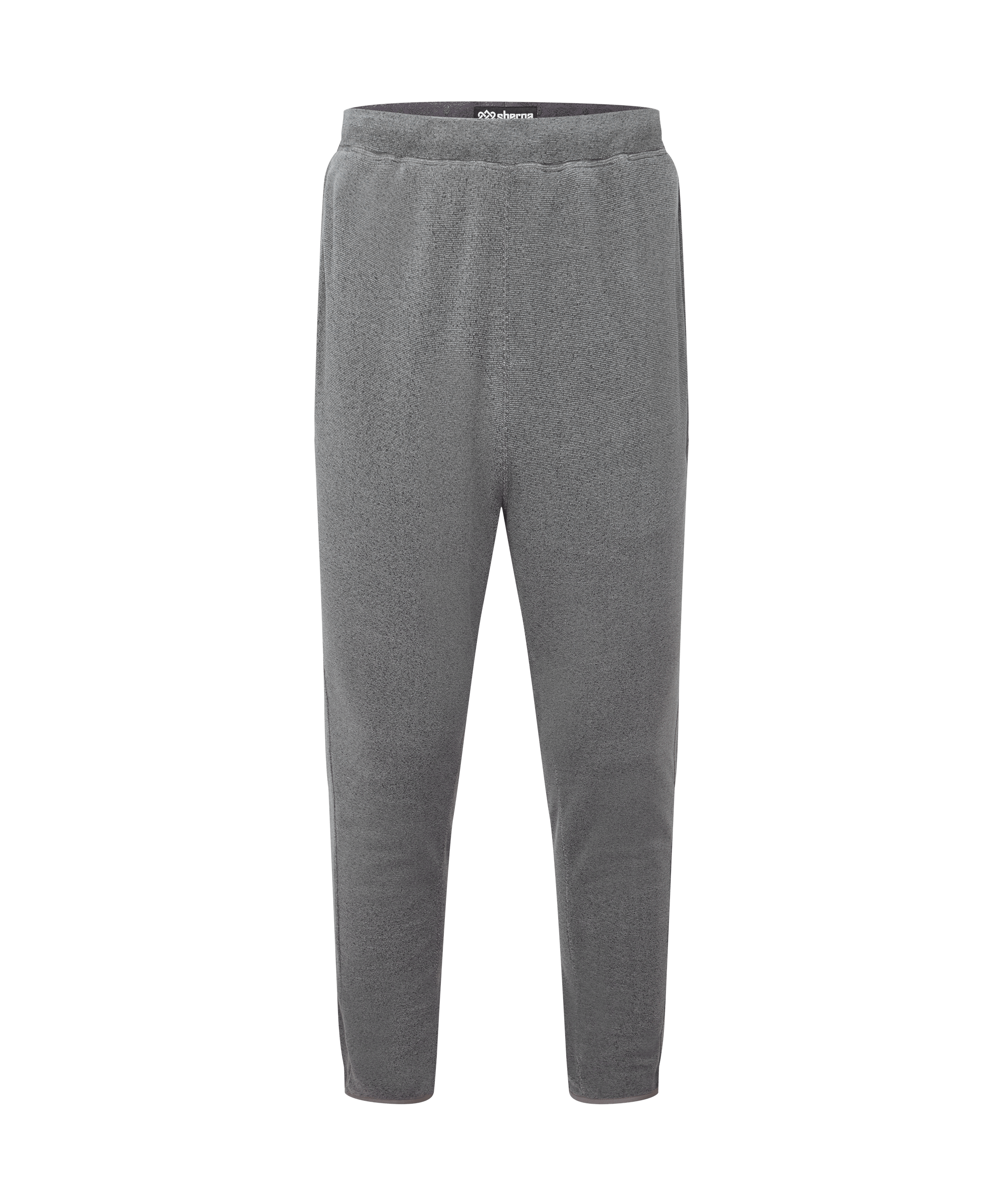 Front view of men's Sherpa Adventure Gear light grey jogger pants displayed on a white background. Features an elastic waistband, tapered legs, elasticized cuffs, and a relaxed athletic fit.