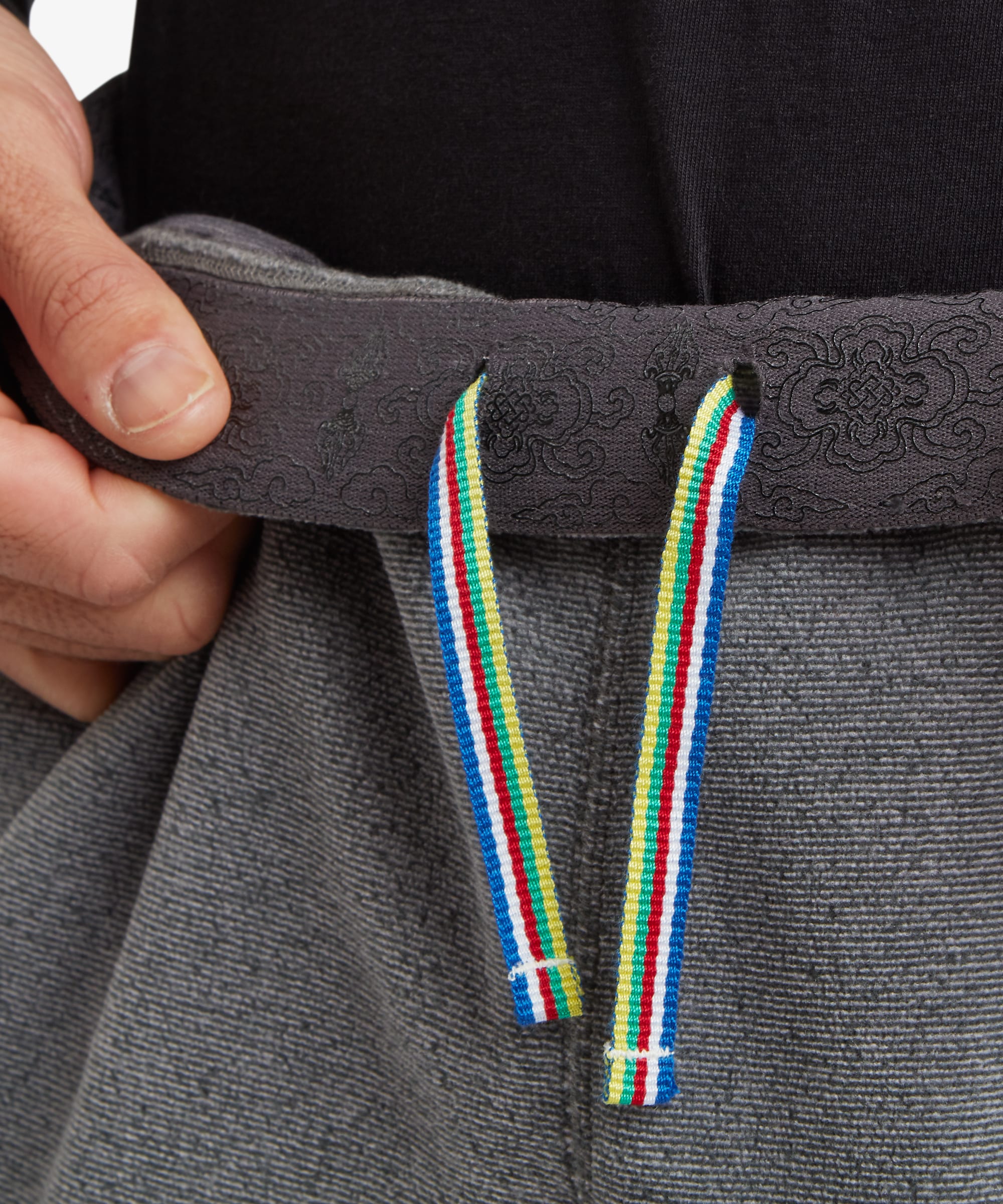 Detailed close-up of the grey fleece joggers showing the waistband, side hand pocket, and multicolor trim detail positioned near the pocket opening.