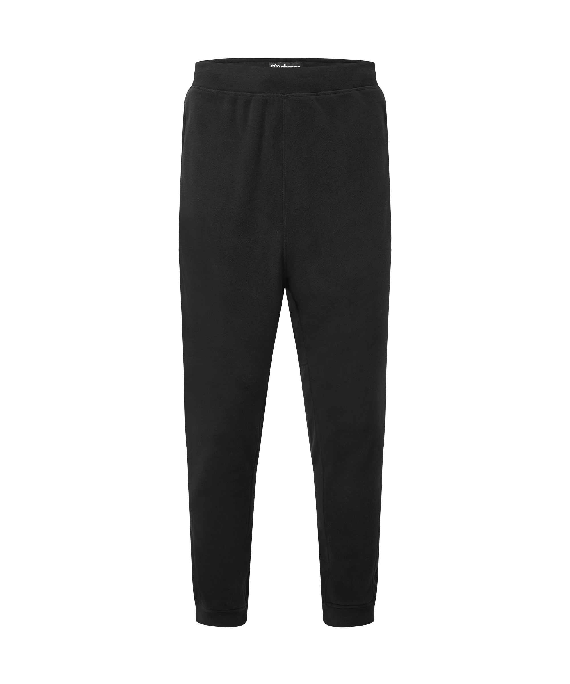 Front view of men's Sherpa Adventure Gear black jogger pants displayed on a white background. Designed with an elastic waistband, tapered leg silhouette, ribbed ankle cuffs, and a comfortable casual fit.