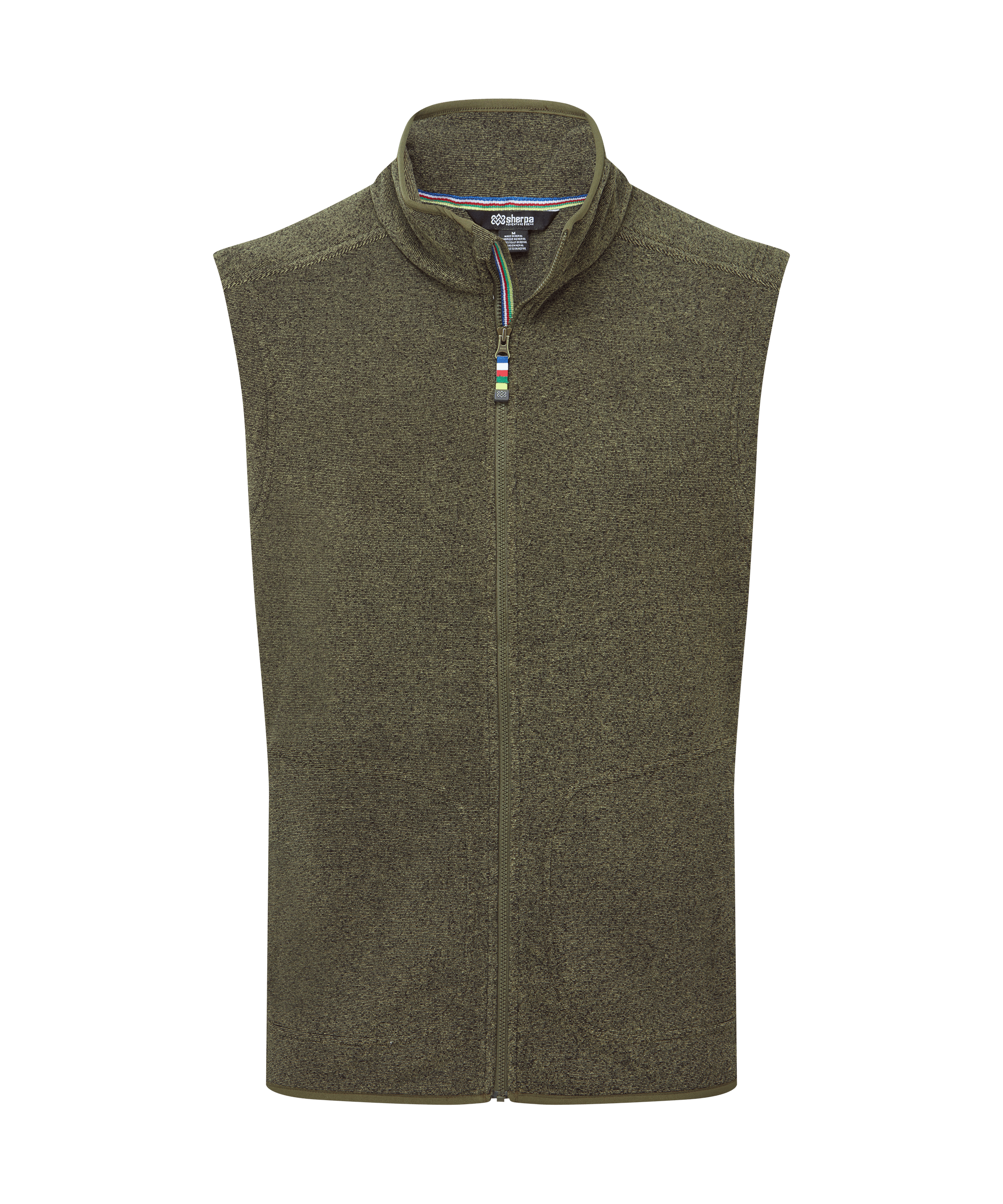Front view of a men's Sherpa Adventure Gear olive green fleece vest displayed on a white background. Designed with a full-length zipper, stand collar, sleeveless construction, and a soft textured finish for lightweight warmth.