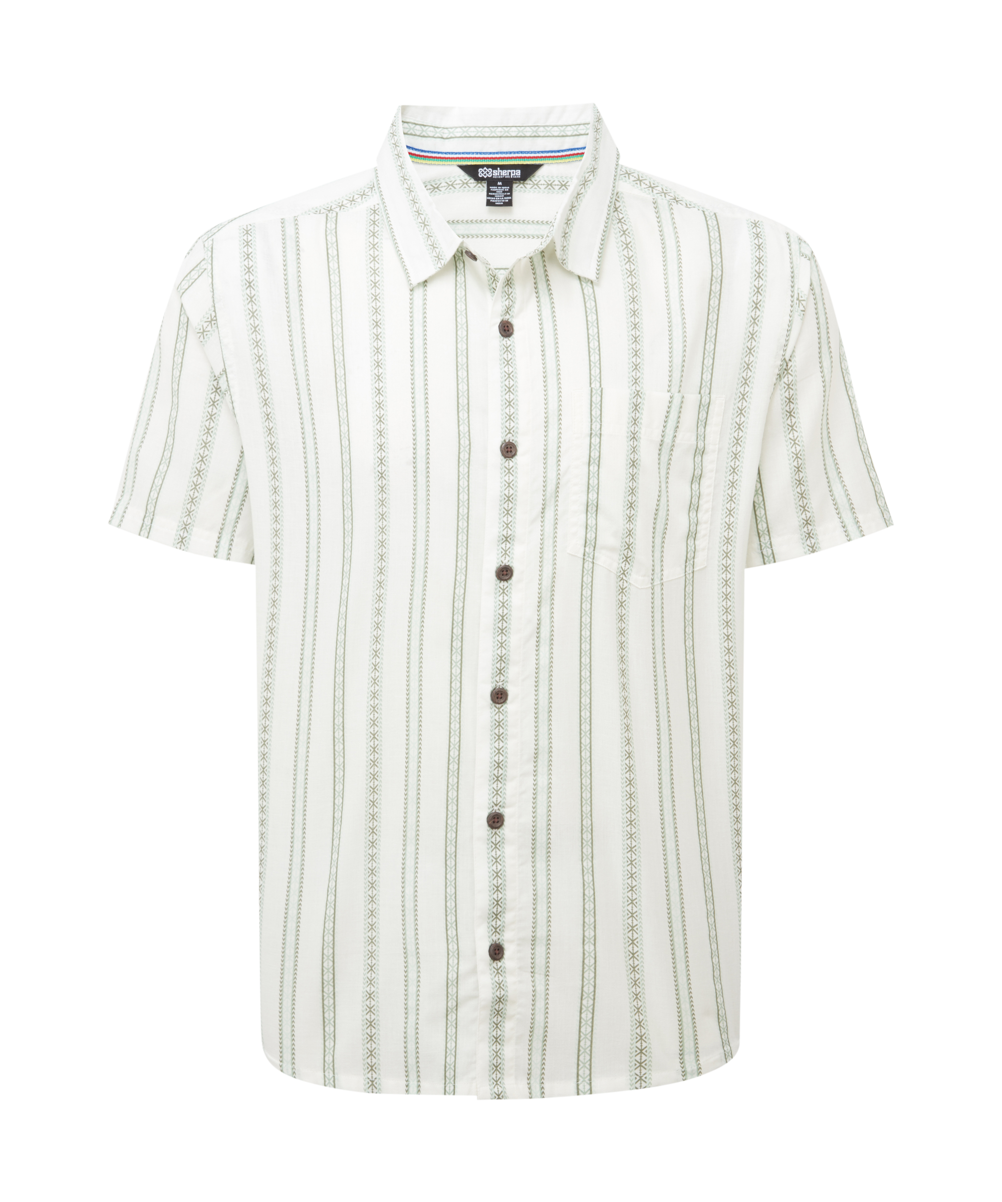 Men's short-sleeve button-up shirt with a subtle white and green vertical stripe pattern on a white background