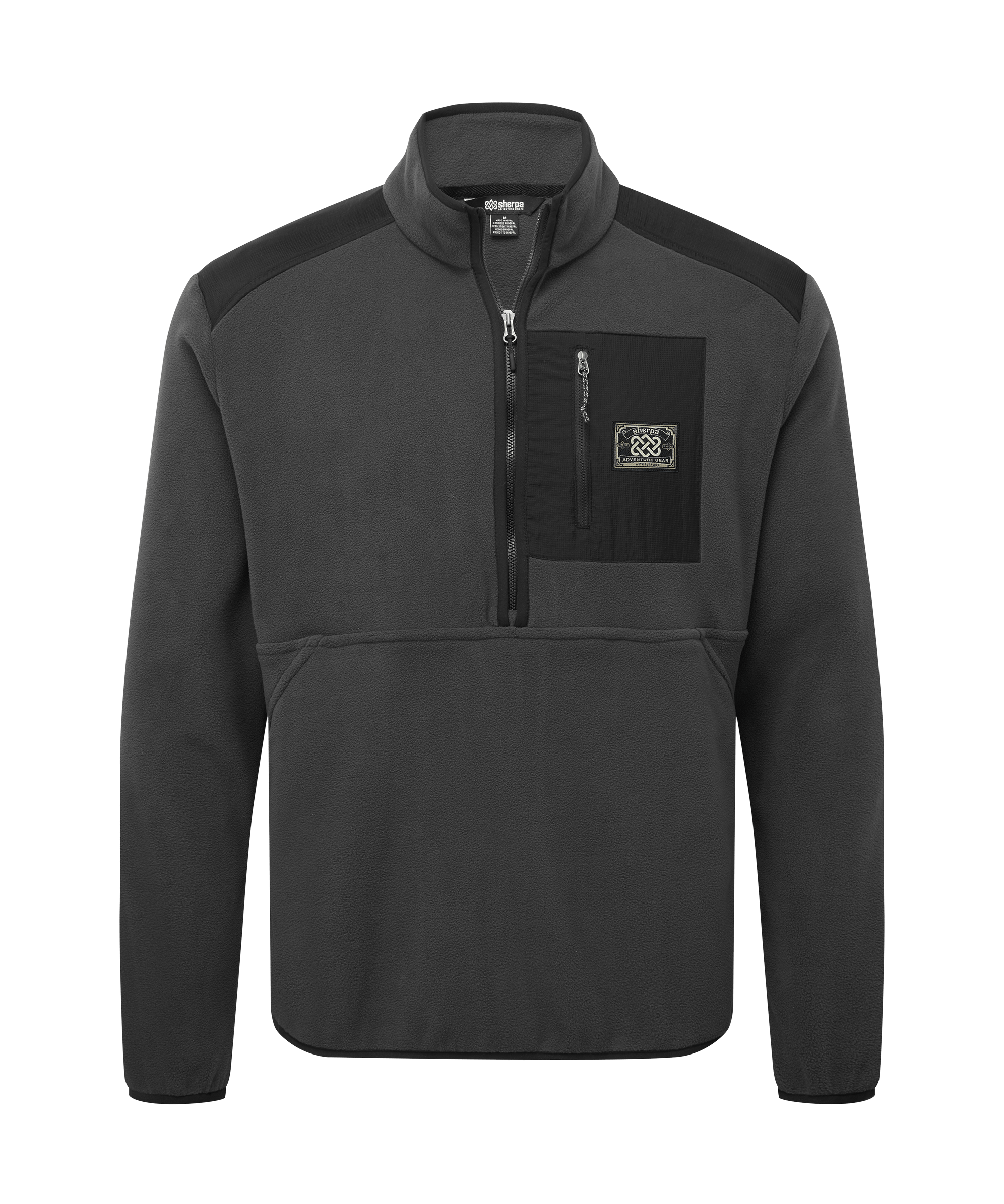 Front view of a men's Sherpa Adventure Gear charcoal and black quarter-zip fleece pullover displayed on a white background. Features a stand collar, contrast chest pocket, color-blocked paneling, and a relaxed outdoor-inspired design.