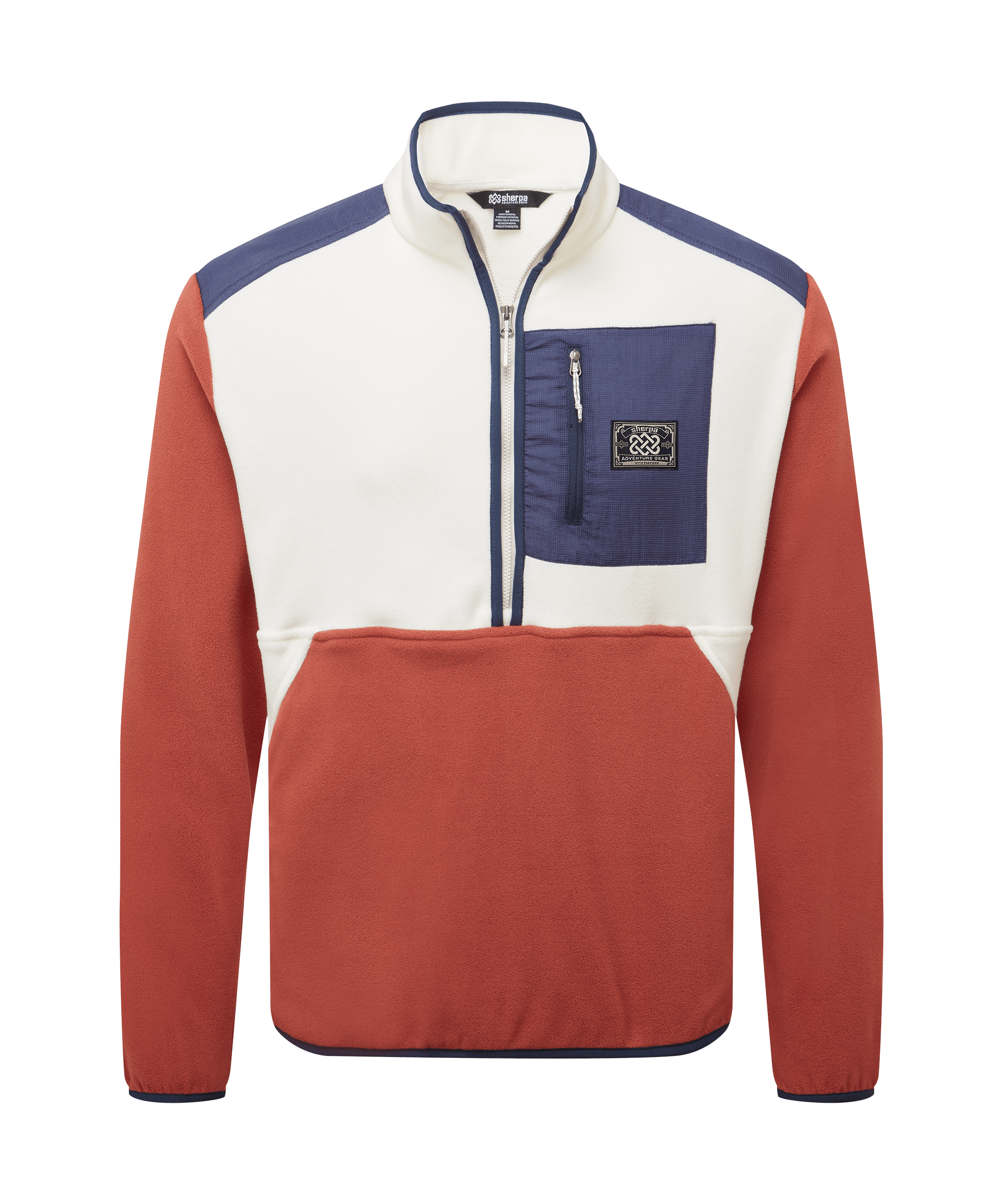Front view of a men's Sherpa Adventure Gear color-block quarter-zip fleece pullover displayed on a white background. Features cream, rust, and navy panels, a stand collar, contrast chest pocket, and a soft fleece construction.