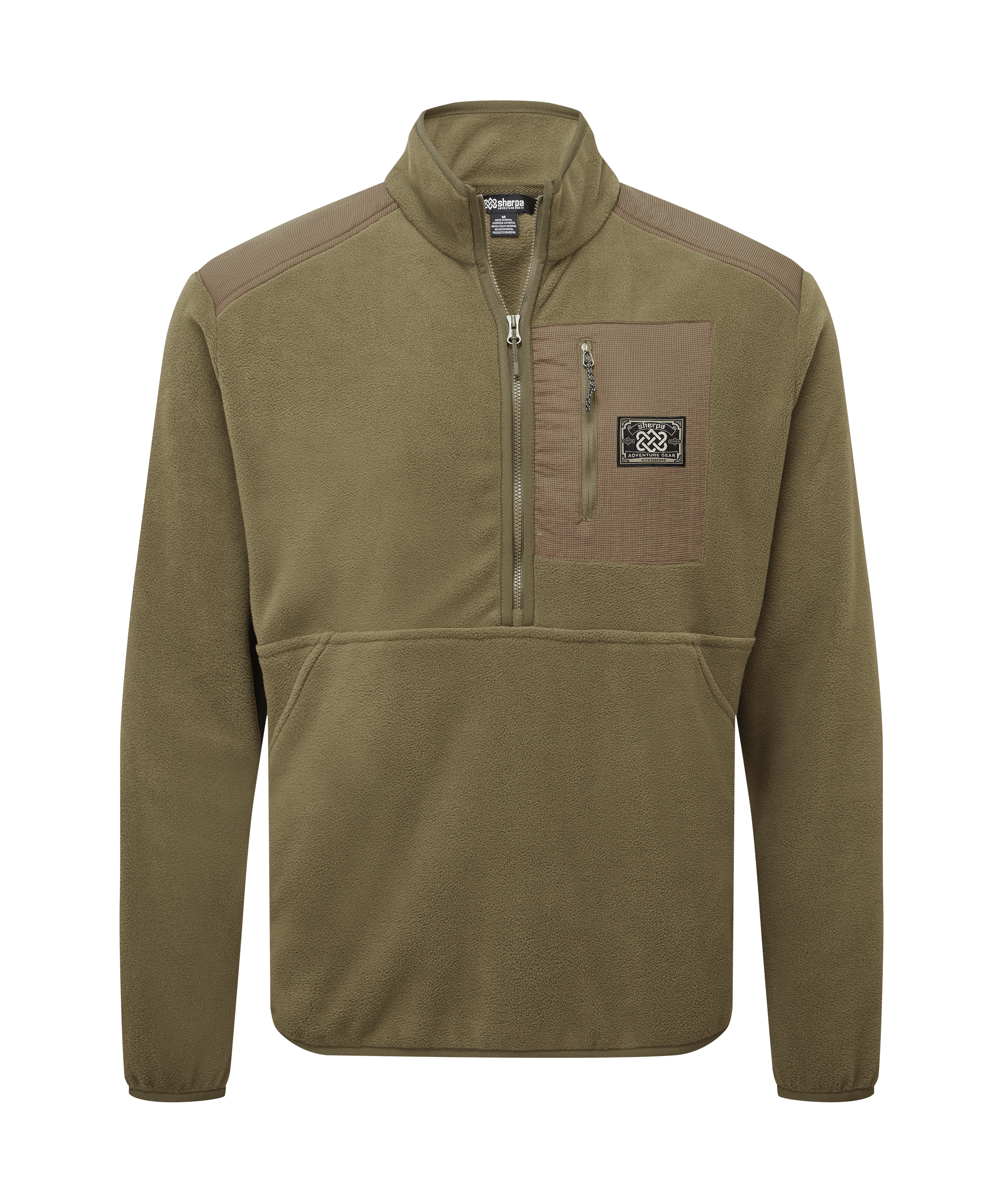 Front view of a men's Sherpa Adventure Gear olive green quarter-zip fleece pullover displayed on a white background. Features a stand collar, contrast chest pocket, zip neckline, and a comfortable regular fit.