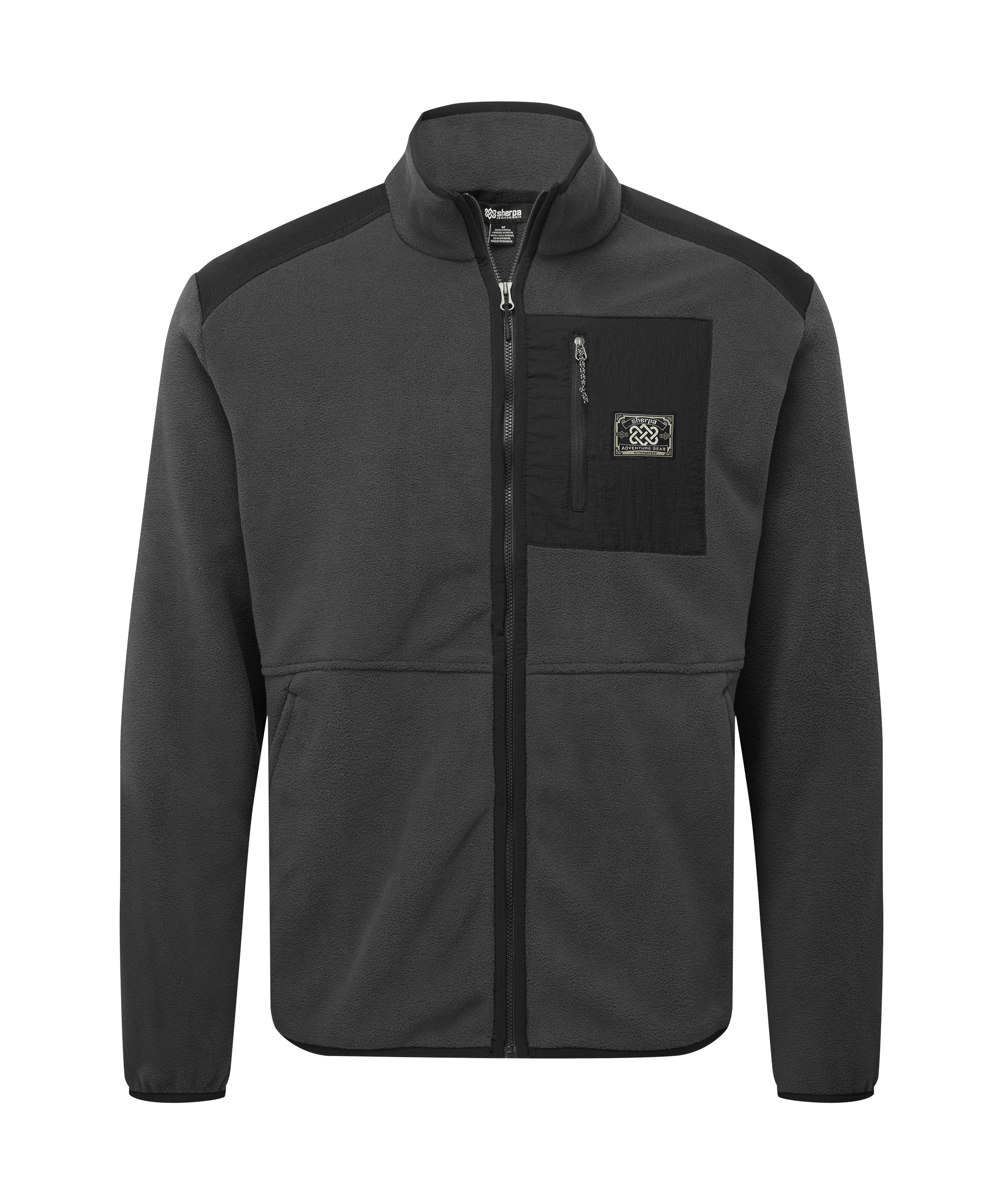 Front view of a men's Sherpa Adventure Gear charcoal and black full-zip fleece jacket displayed on a white background. Designed with a stand collar, zippered chest pocket, color-blocked detailing, and a warm, functional silhouette.