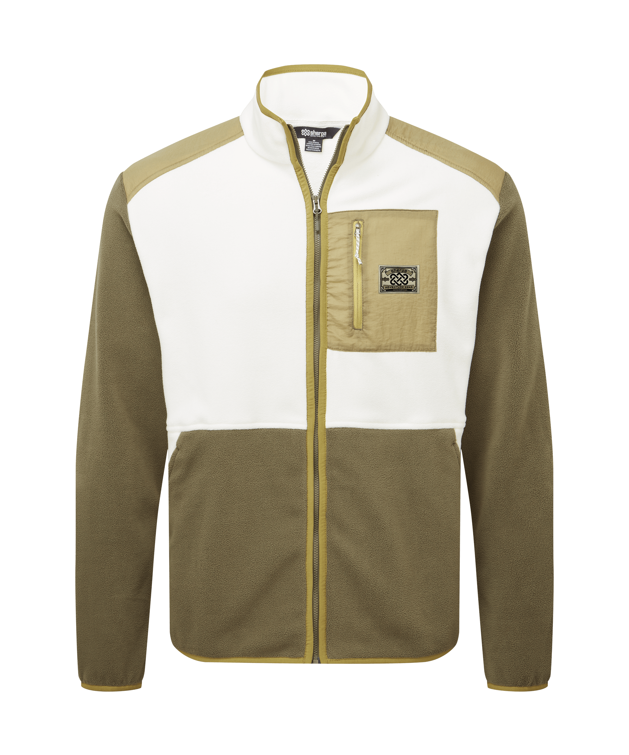 Front view of a men's Sherpa Adventure Gear color-block full-zip fleece jacket displayed on a white background. Features cream and olive green panels, a contrasting chest pocket, stand collar, and full zipper closure.