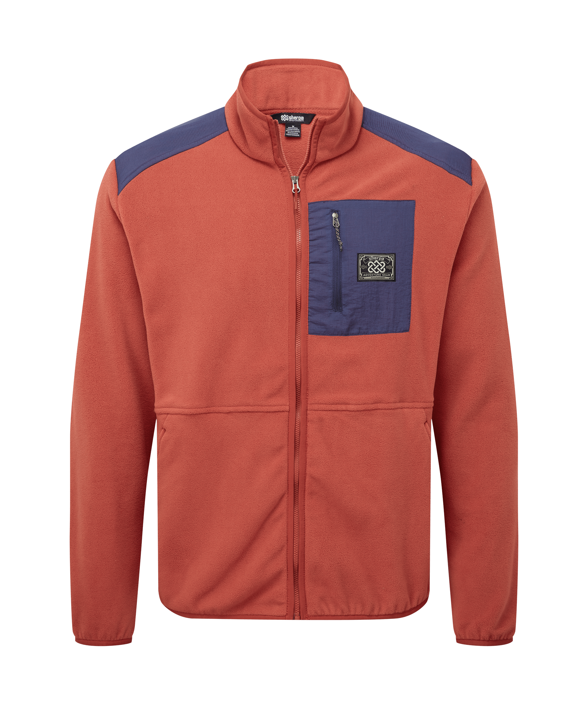 Front view of a men's Sherpa Adventure Gear rust red full-zip fleece jacket displayed on a white background. Features contrasting navy accents, a zippered chest pocket, stand collar, and soft fleece texture.