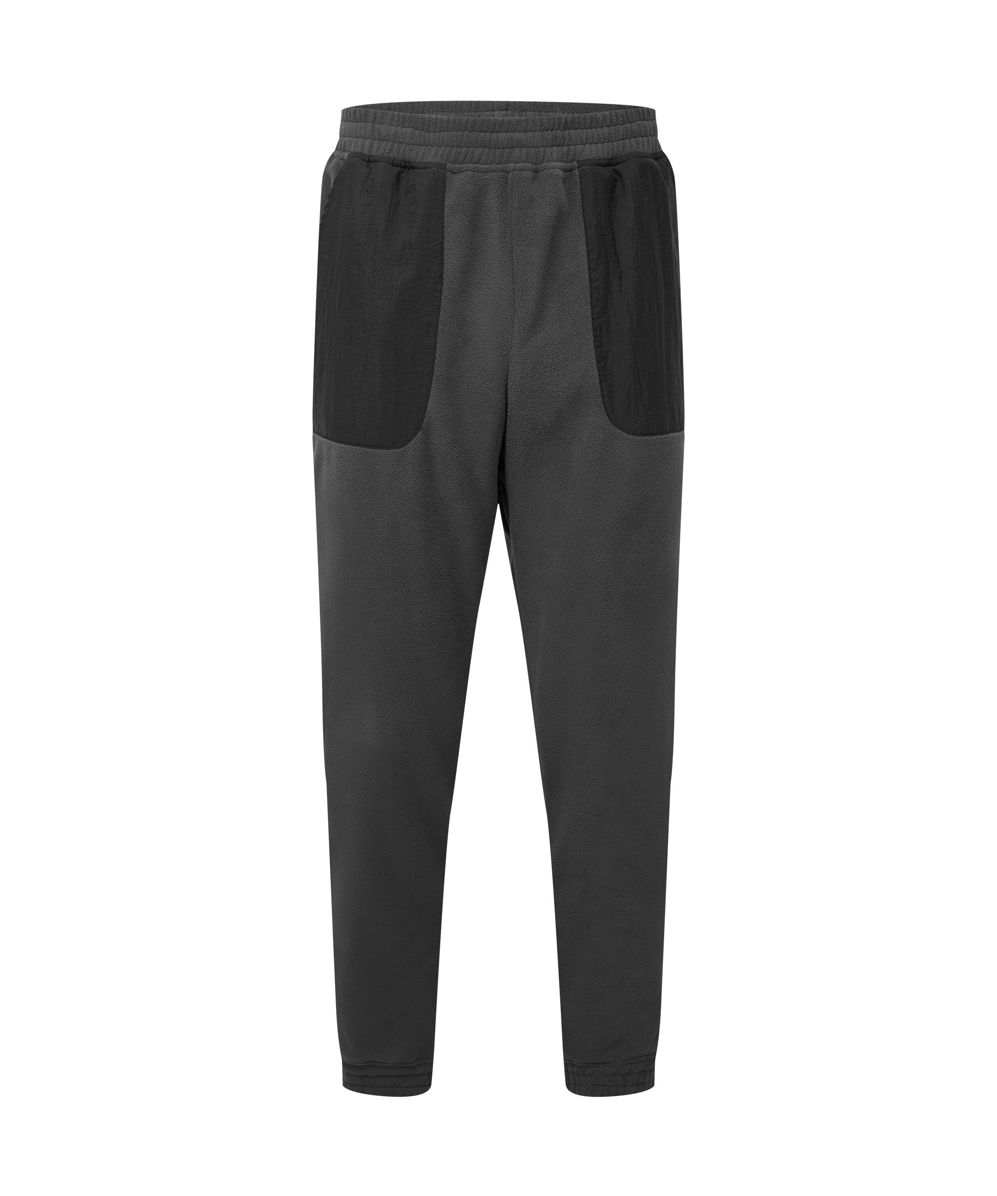 Front view of men's Sherpa Adventure Gear black fleece jogger pants displayed on a white background. Features contrasting patch pockets, an elastic waistband, tapered legs, and ribbed ankle cuffs for a relaxed fit.