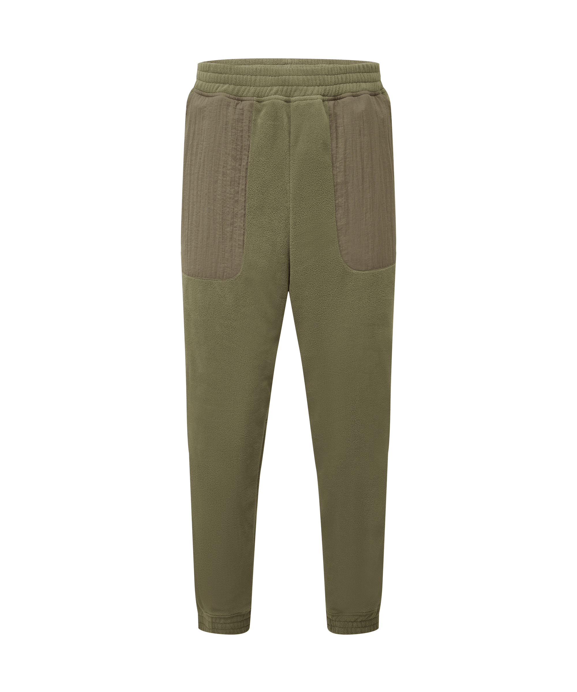 Front view of men's Sherpa Adventure Gear olive green fleece jogger pants displayed on a white background. Designed with contrast patch pockets, an elastic waistband, tapered leg shape, and cuffed hems.
