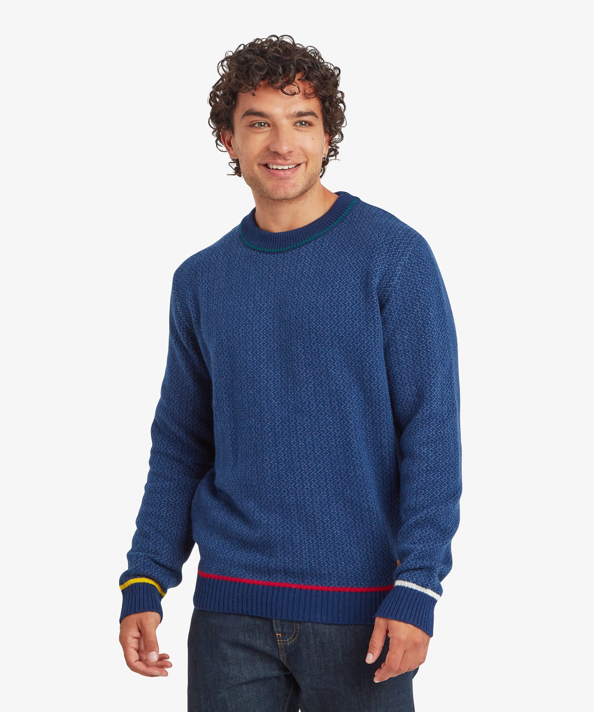 Front view of a blue crew neck sweater featuring a textured knit body, contrast trim details at the collar, cuffs, and hem, and a small logo tab near the side seam.