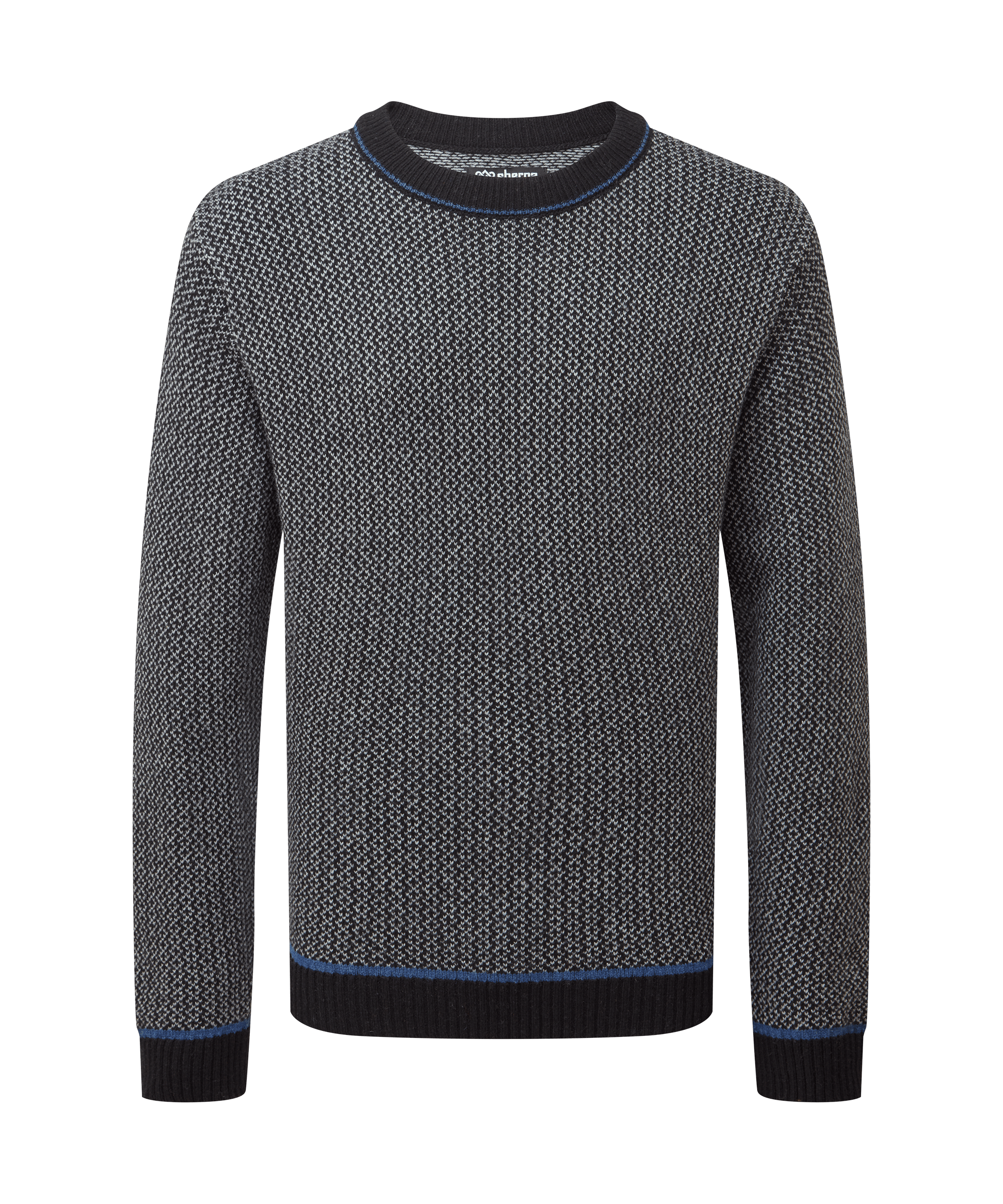 Front view of a men's Sherpa Adventure Gear dark grey knit crew neck sweater displayed on a white background. Features a textured geometric knit pattern, contrasting trim at the cuffs and hem, and a classic fit.