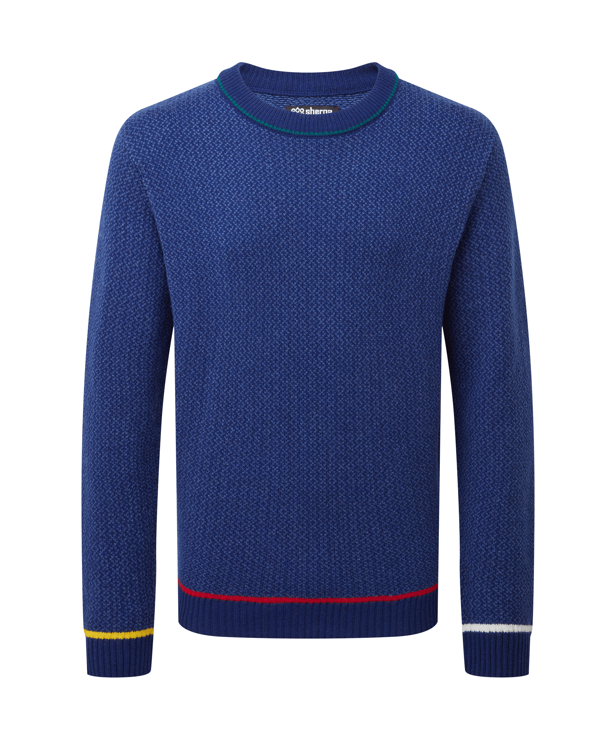 Front view of a men's Sherpa Adventure Gear bright blue knit crew neck sweater displayed on a white background. Features subtle textured knitting, colorful contrast trim at the cuffs and hem, and a regular fit silhouette.