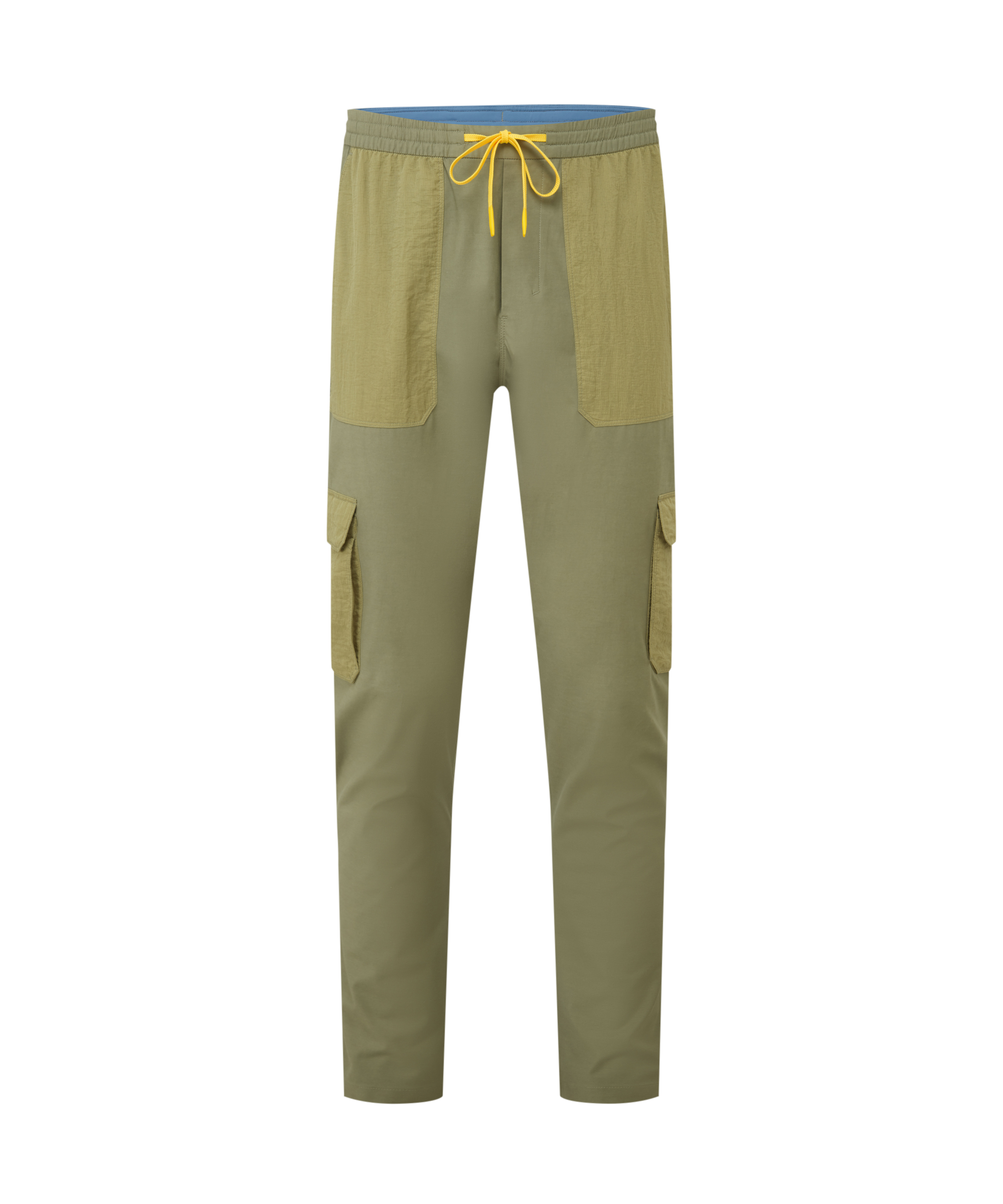 Men's green pants with yellow drawcord on a white background