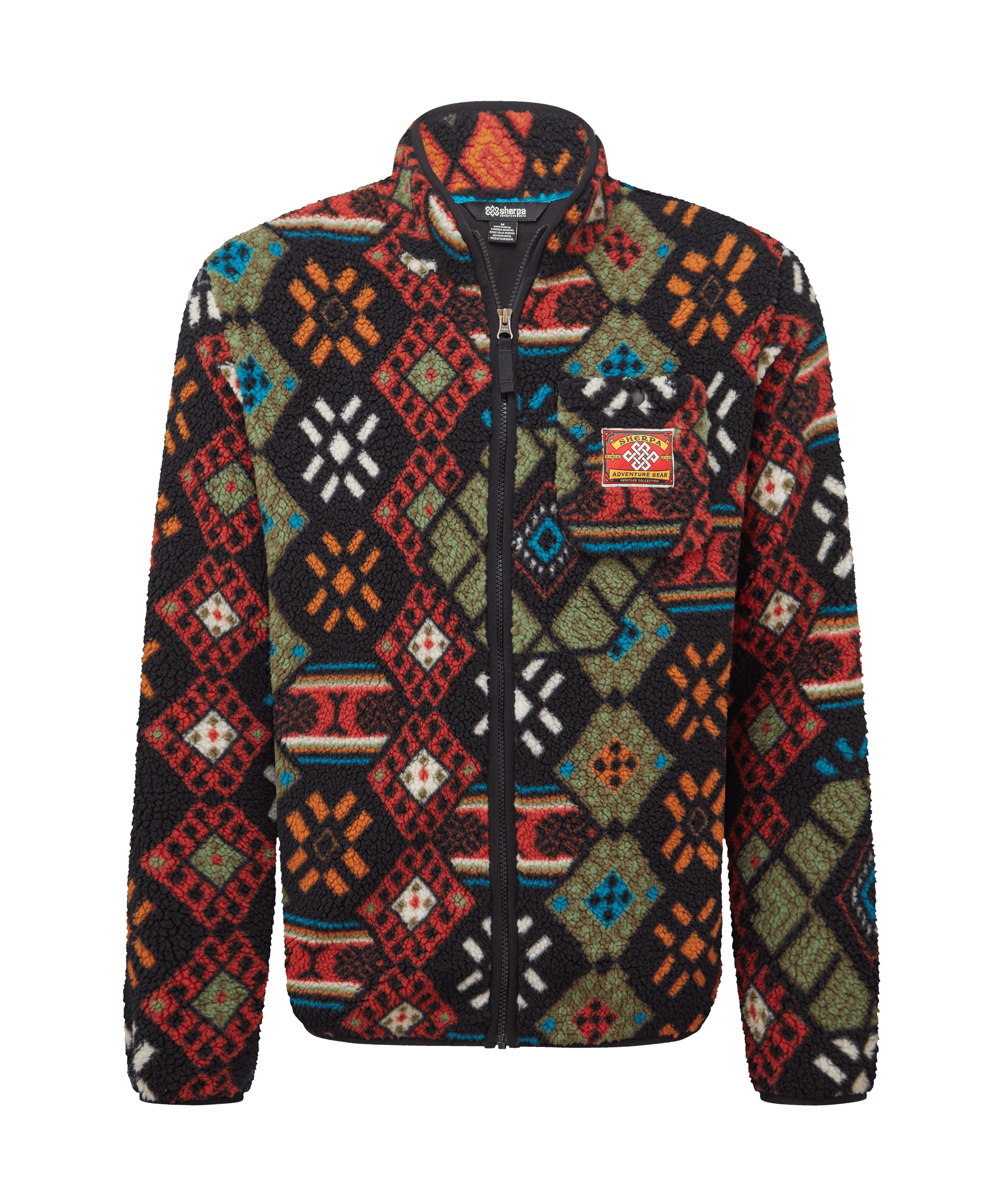 Front view of a men's Sherpa Adventure Gear black full-zip fleece jacket displayed on a white background. Features a vibrant multicolor geometric print throughout, stand collar, zip-front closure, and a soft fleece construction.