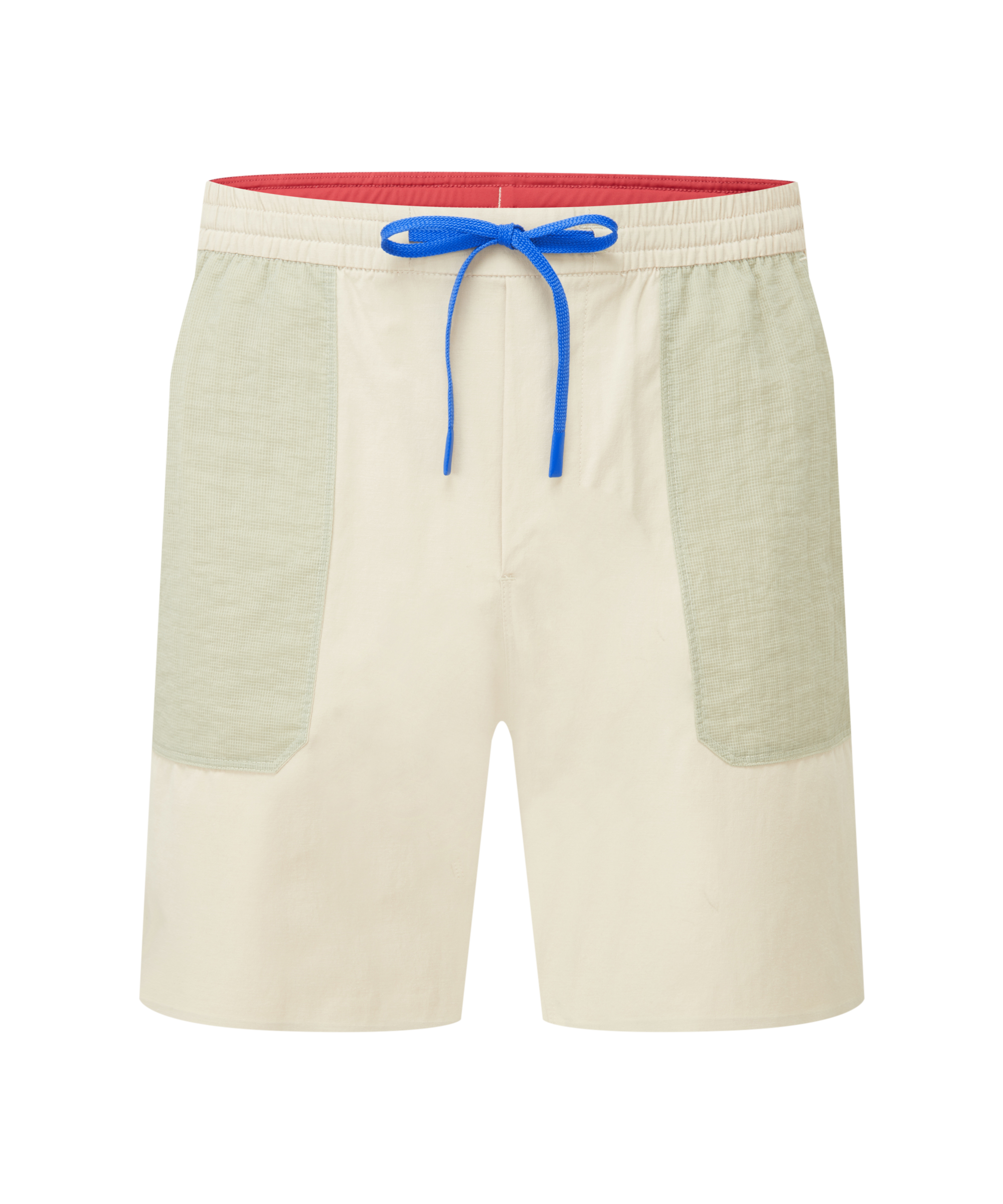 Men's retro, beige shorts with a blue drawstring and red internal waistband on a white background