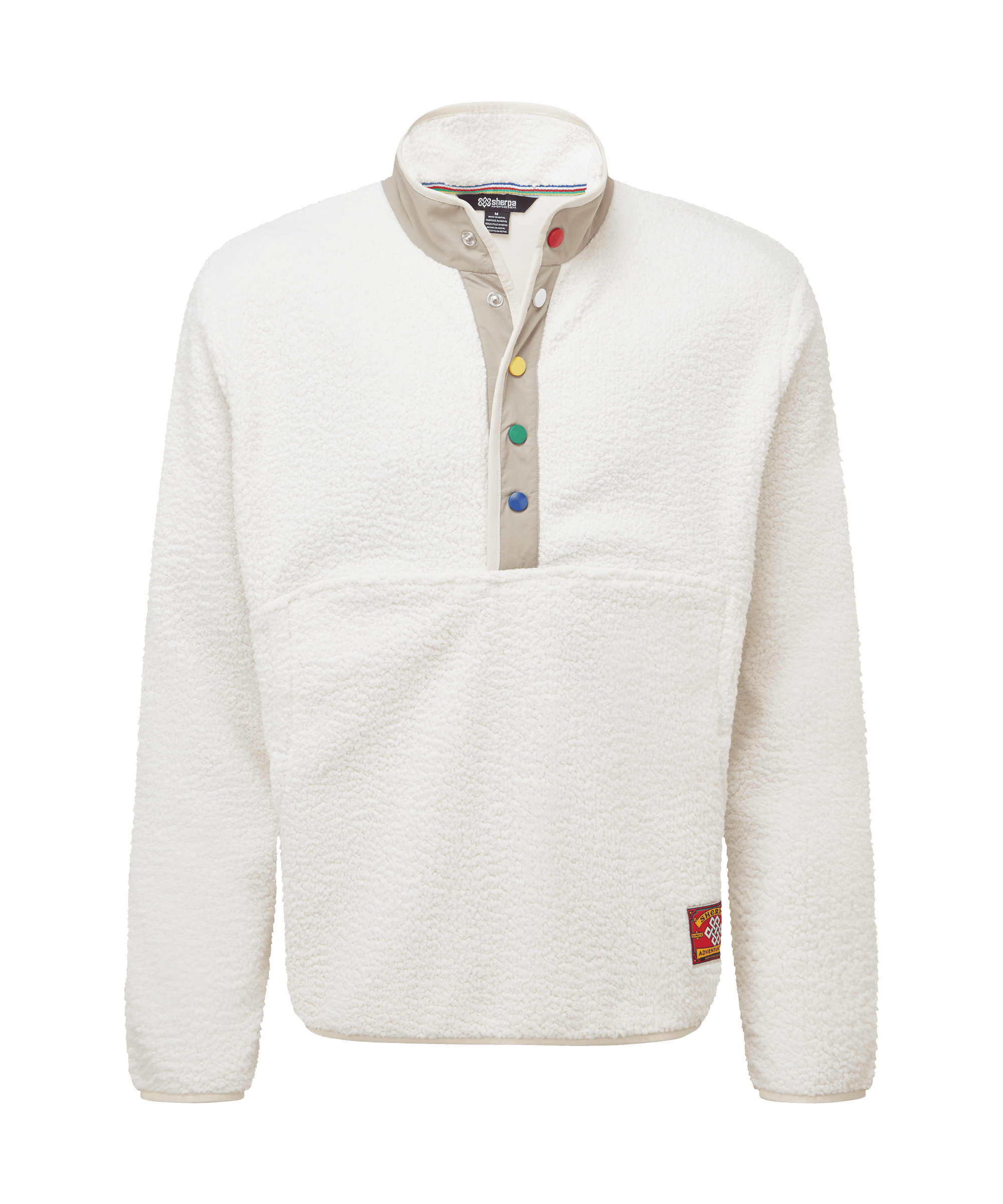Front view of a men's Sherpa Adventure Gear snap-neck fleece pullover in soft cream white. Features a stand collar with a multicolor snap-button placket, long sleeves, and a textured fleece construction. Designed with a relaxed fit and clean silhouette for lightweight warmth and everyday comfort.