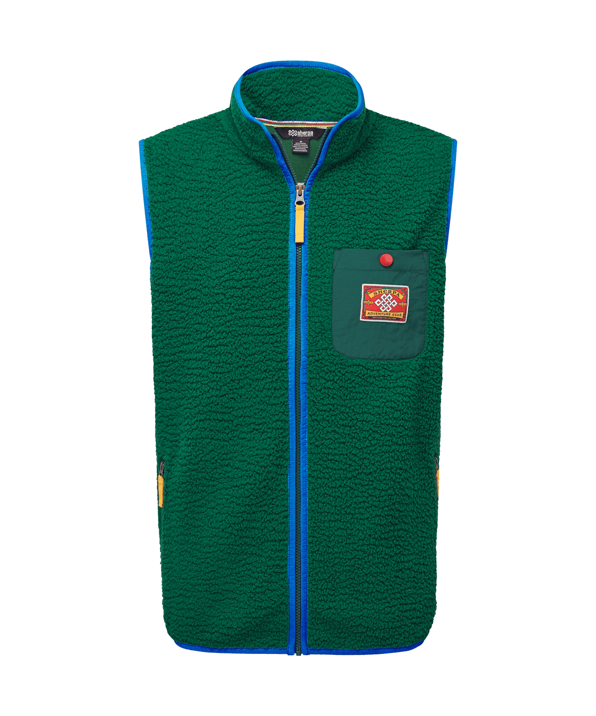 Front view of Sherpa Adventure Gear fleece vest in deep forest green.