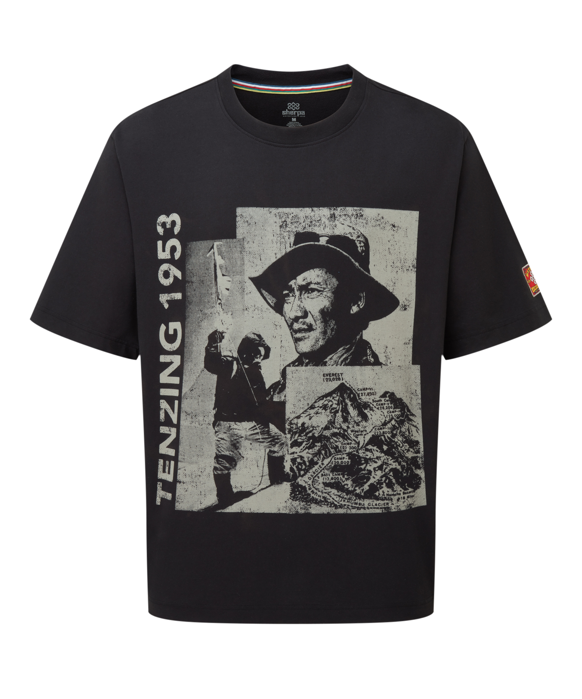 Men's black t-shirt with graphic design of Tenzing Sherpa and the text "Tenzing 1953" on a white background