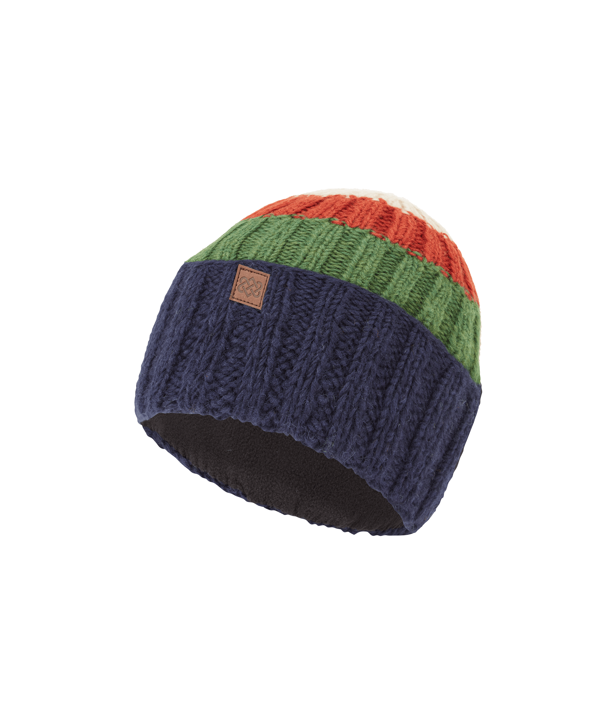Sherpa Adventure Gear knit beanie in navy blue with green and orange color-block stripes.