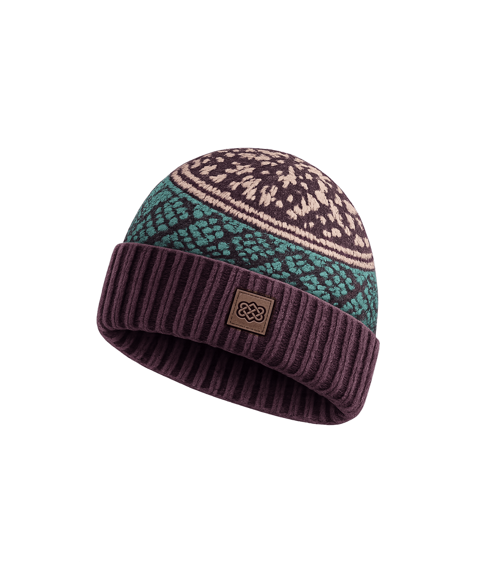 Front angled view of a unisex Sherpa Adventure Gear knit beanie in deep burgundy with teal and cream Fair Isle patterning. Features a ribbed cuff and soft knit construction for reliable warmth and everyday comfort.