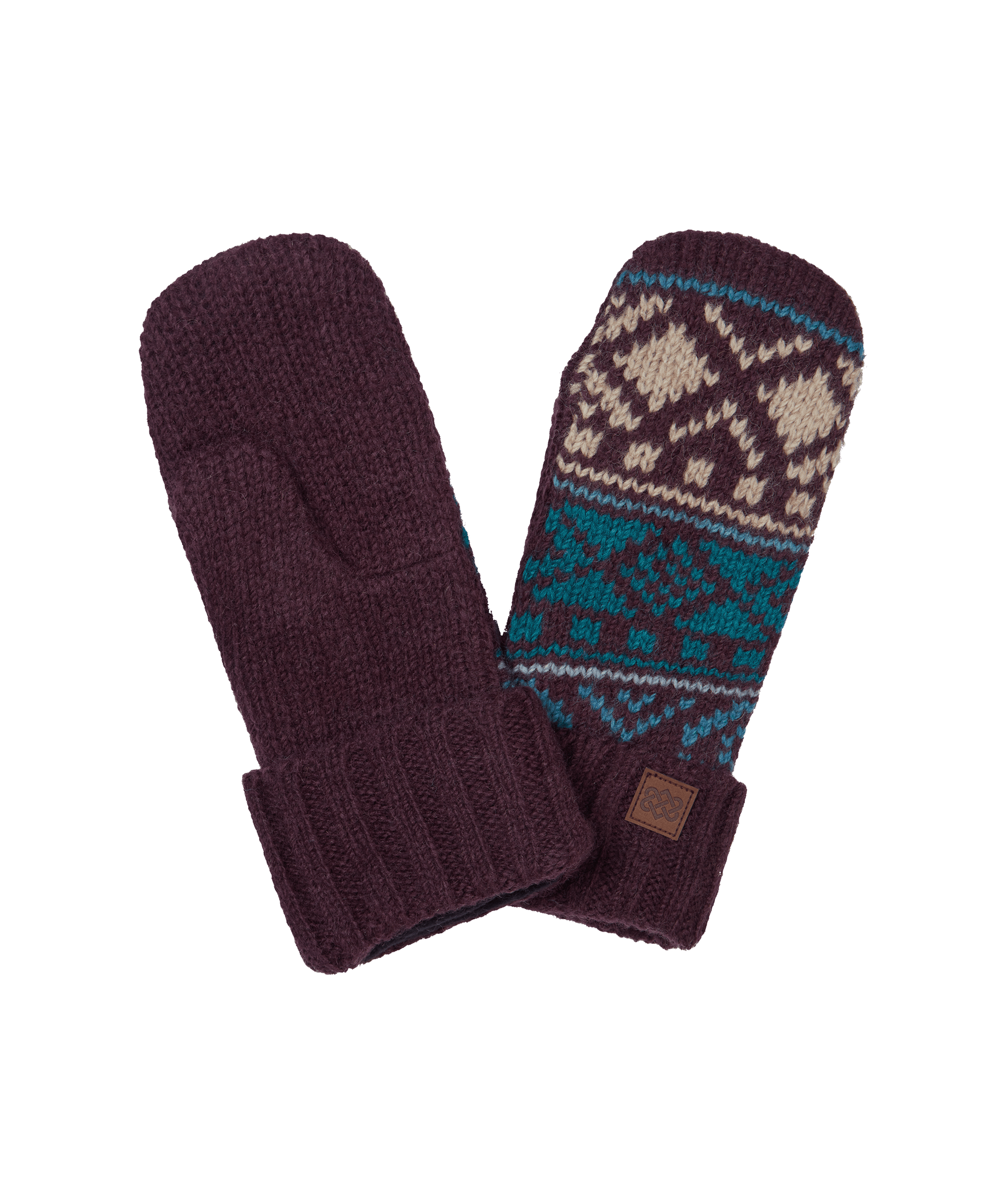 Front view of a pair of unisex Sherpa Adventure Gear knit mittens in burgundy with multicolor Fair Isle detailing. Features ribbed cuffs, soft fleece-lined construction, and traditional-inspired patterning for warmth and winter style.