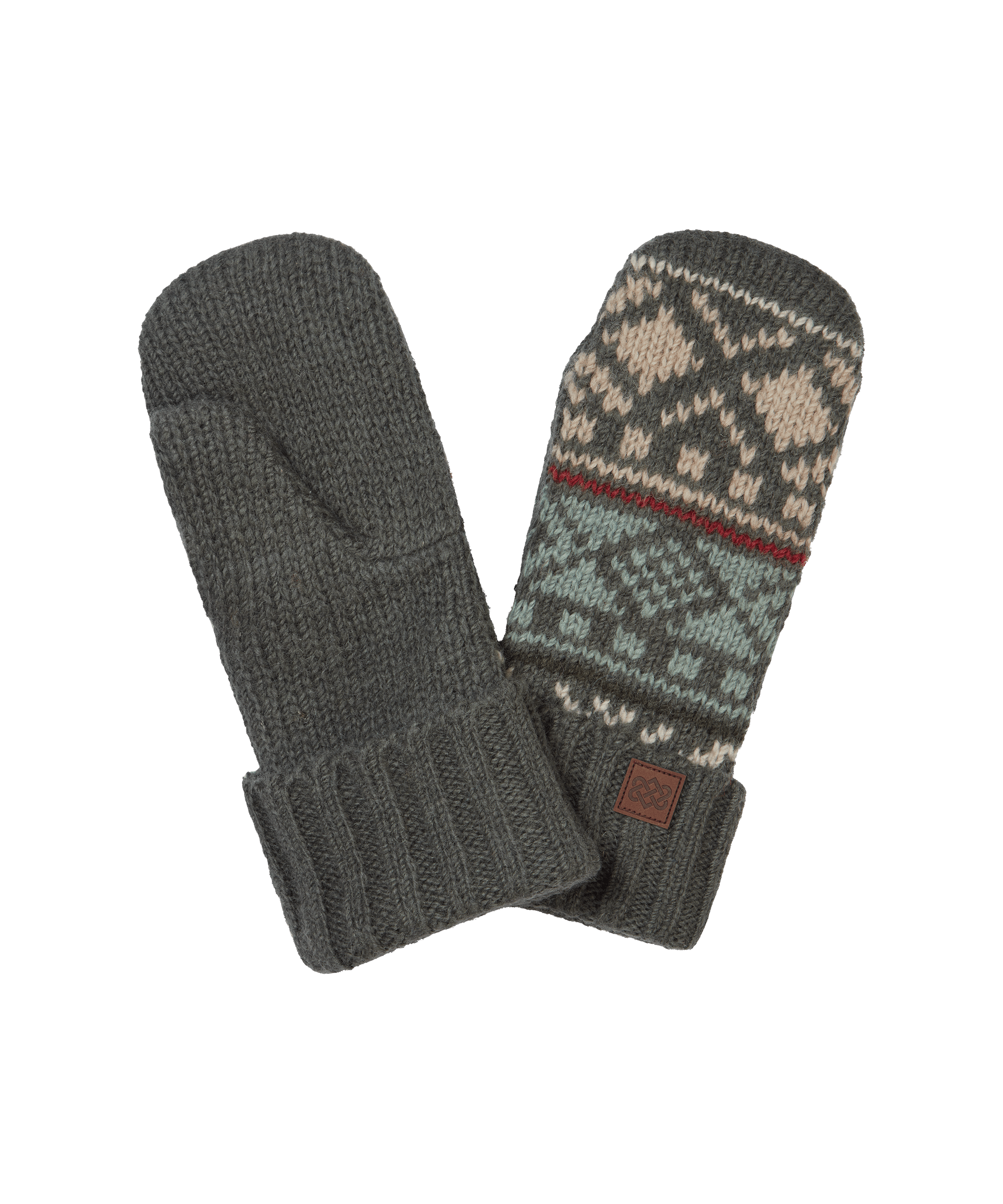 Front view of a pair of unisex Sherpa Adventure Gear knit mittens in charcoal grey and olive green. Features patterned knit backs, solid palms, ribbed cuffs, and cozy insulation for cold-weather comfort.
