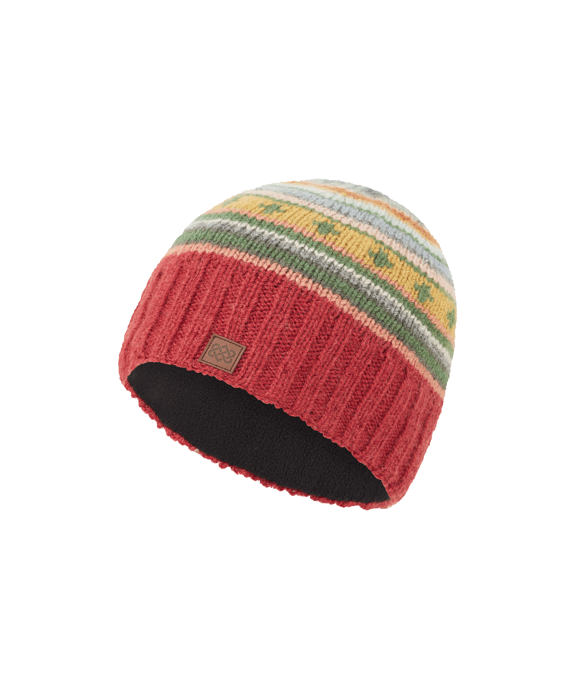 Front angled view of a unisex Sherpa Adventure Gear striped knit beanie in red with multicolor bands. Features a ribbed cuff, traditional-inspired patterning, and a soft knit construction designed for warmth and everyday wear.