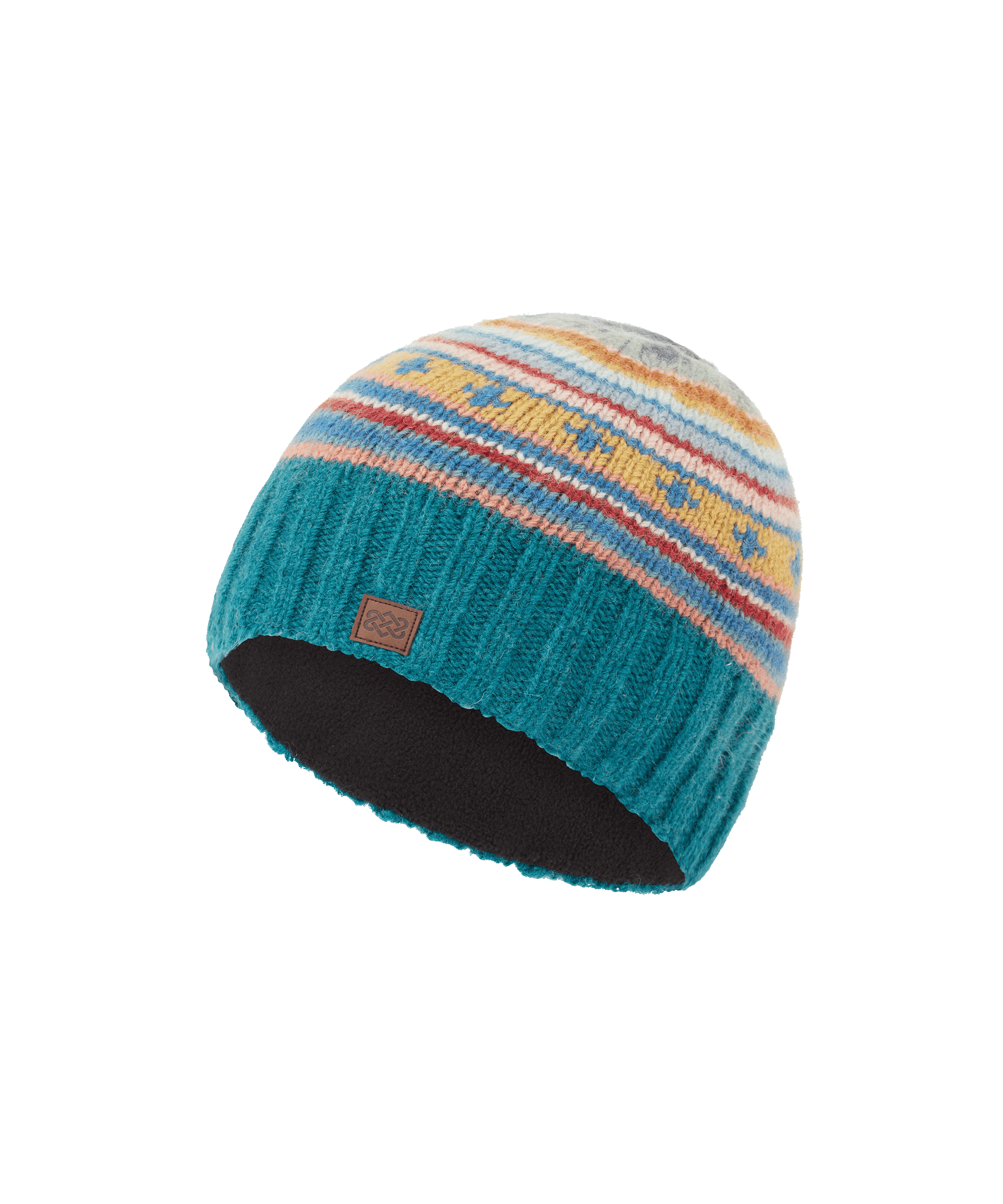 Front angled view of a unisex Sherpa Adventure Gear striped knit beanie in teal green with multicolor accents. Features a ribbed cuff, colorful geometric detailing, and a comfortable close-fitting silhouette.