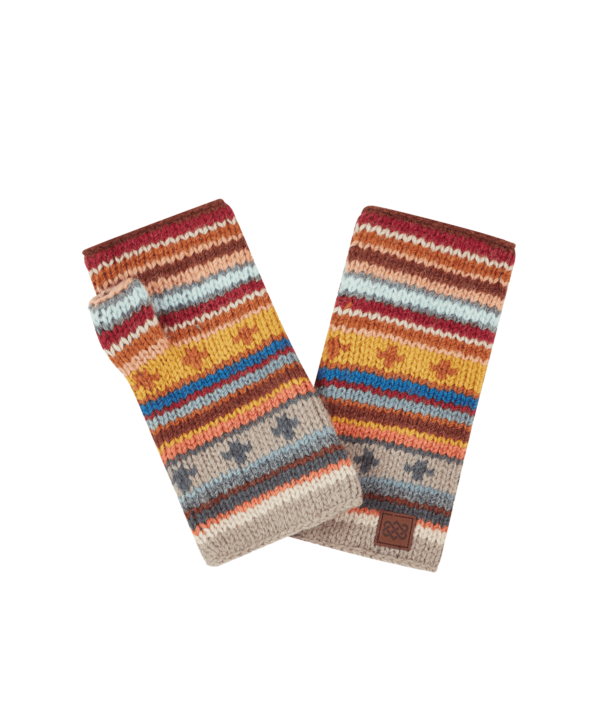 Front view of a pair of unisex Sherpa Adventure Gear knit wrist warmers in a vibrant multicolor striped design. Features fingerless construction, soft knit fabric, and traditional-inspired patterns that provide warmth while maintaining dexterity.